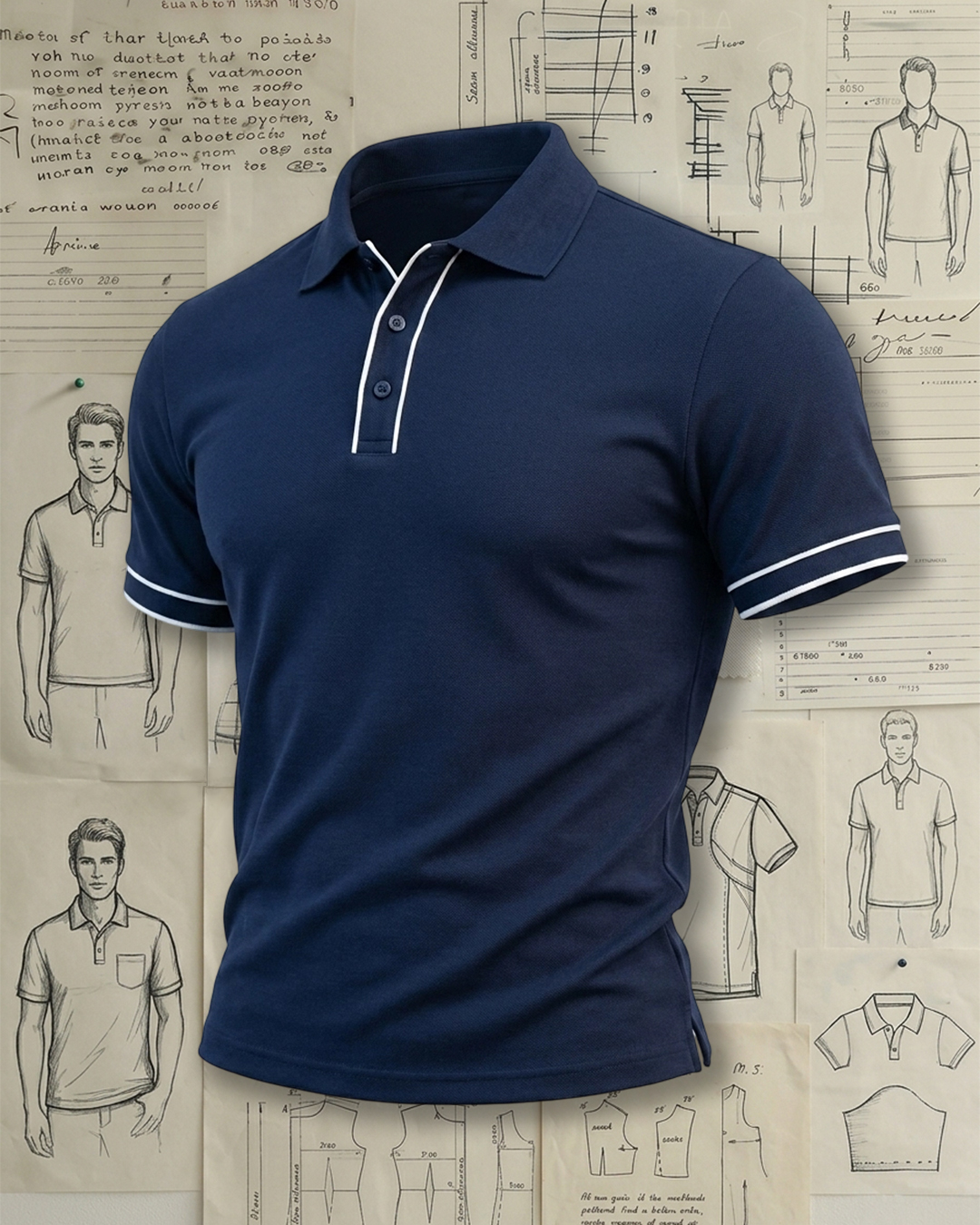 Navy Double White Striped Cuff Collared Polo Shirt