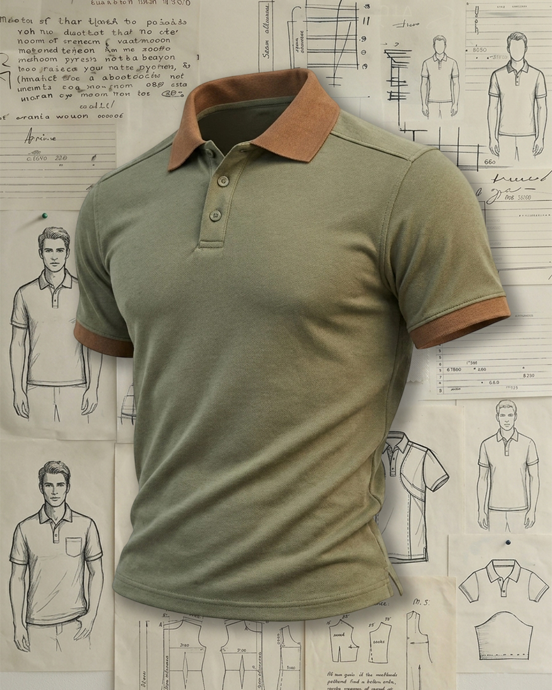 Sage Green Contrast Brown Collar Collared Polo Shirt