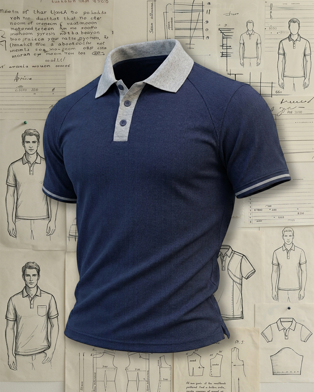Navy Herringbone Grey Collar Collared Polo Shirt