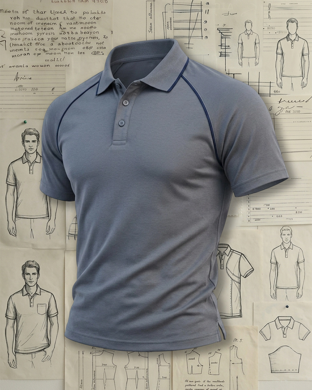 Dusty Blue Raglan Dark Piping Collared Polo Shirt