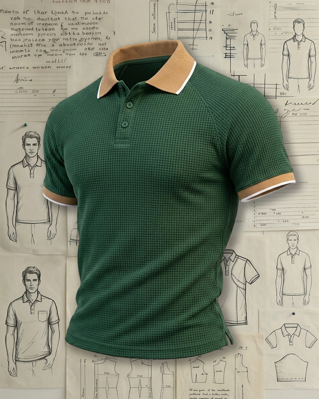 Dark Green Waffle Khaki Trim Collared Polo Shirt