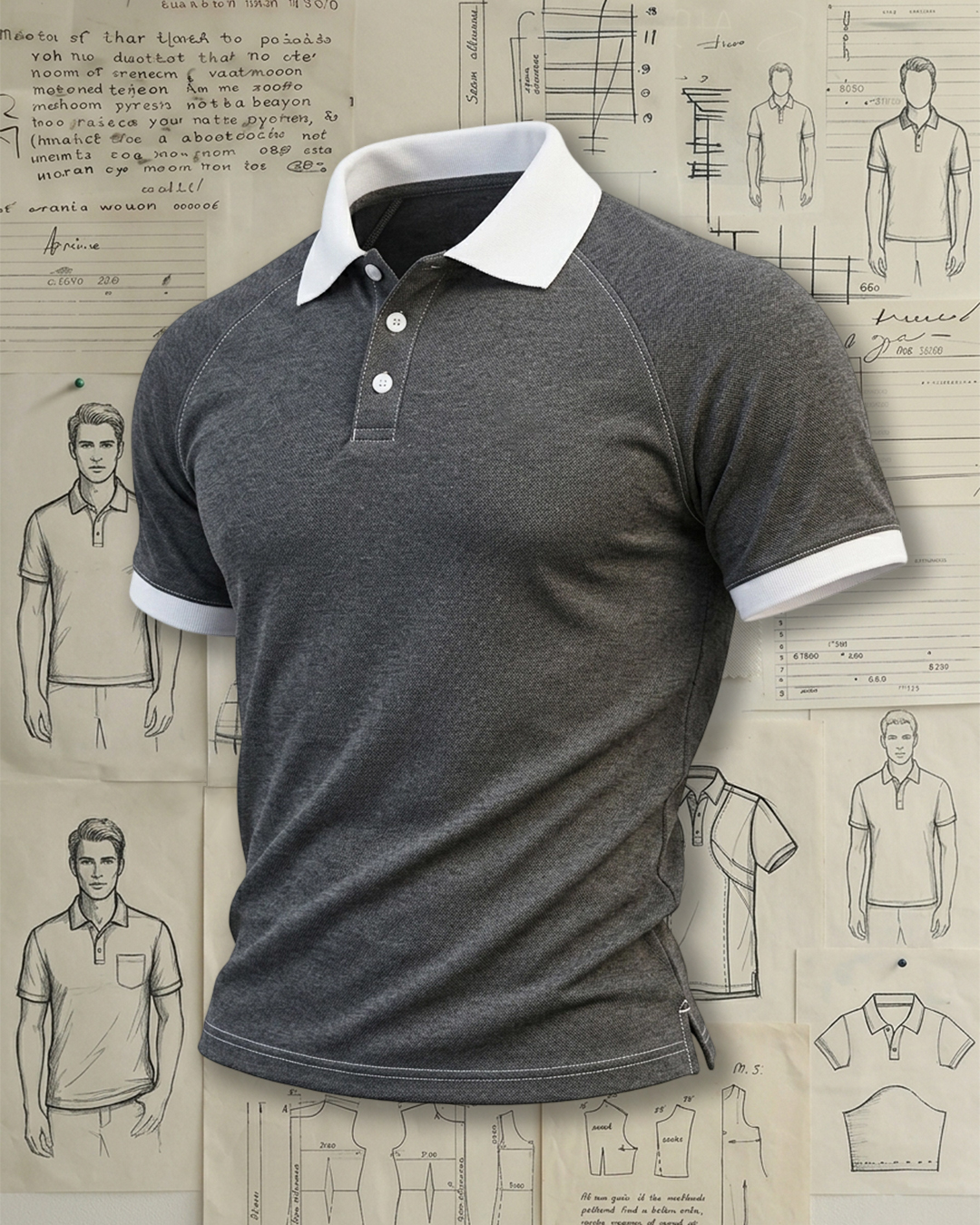 Dark Grey Raglan White Collar Collared Polo Shirt