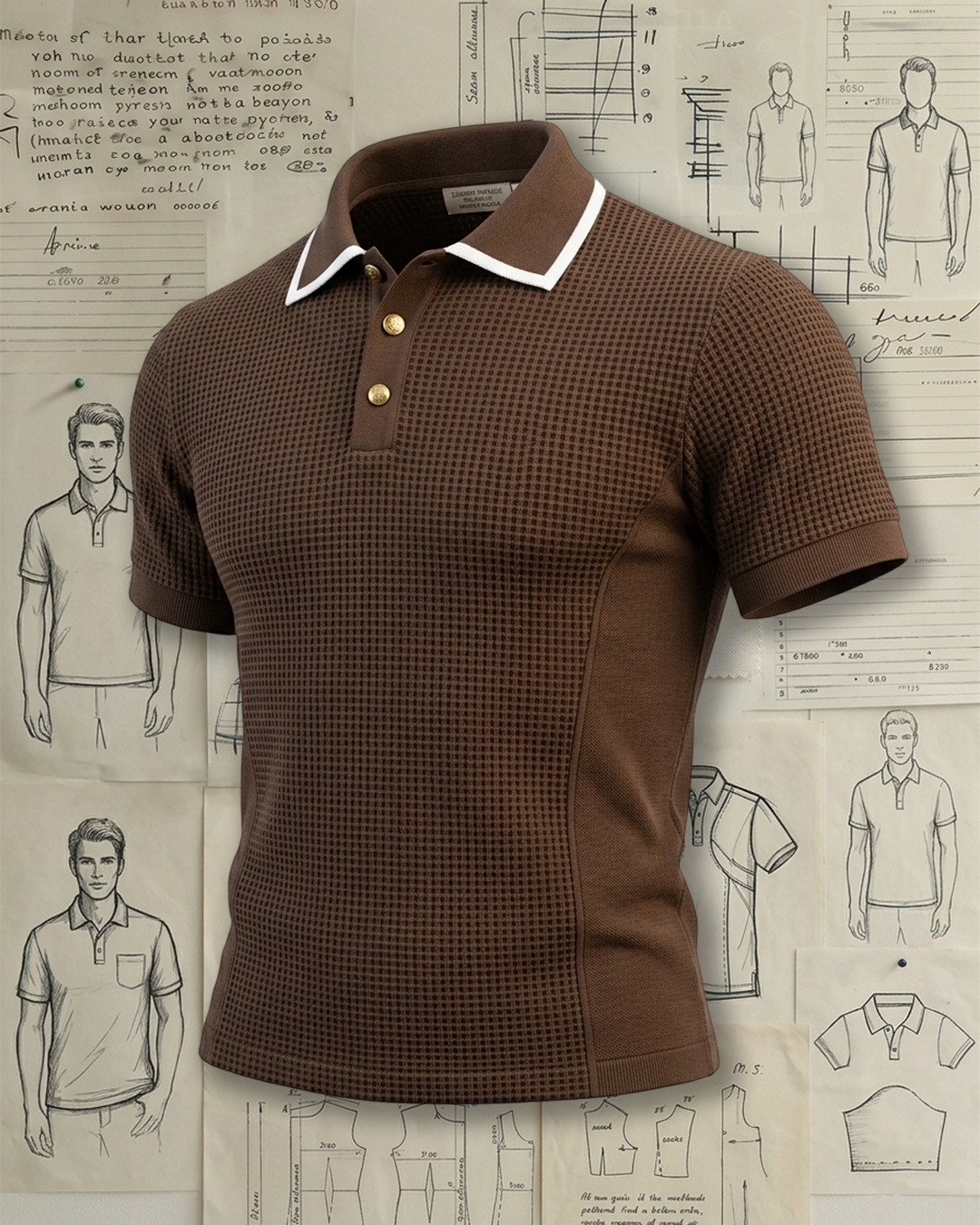 Brown Waffle Knit White Trim Collared Polo Shirt