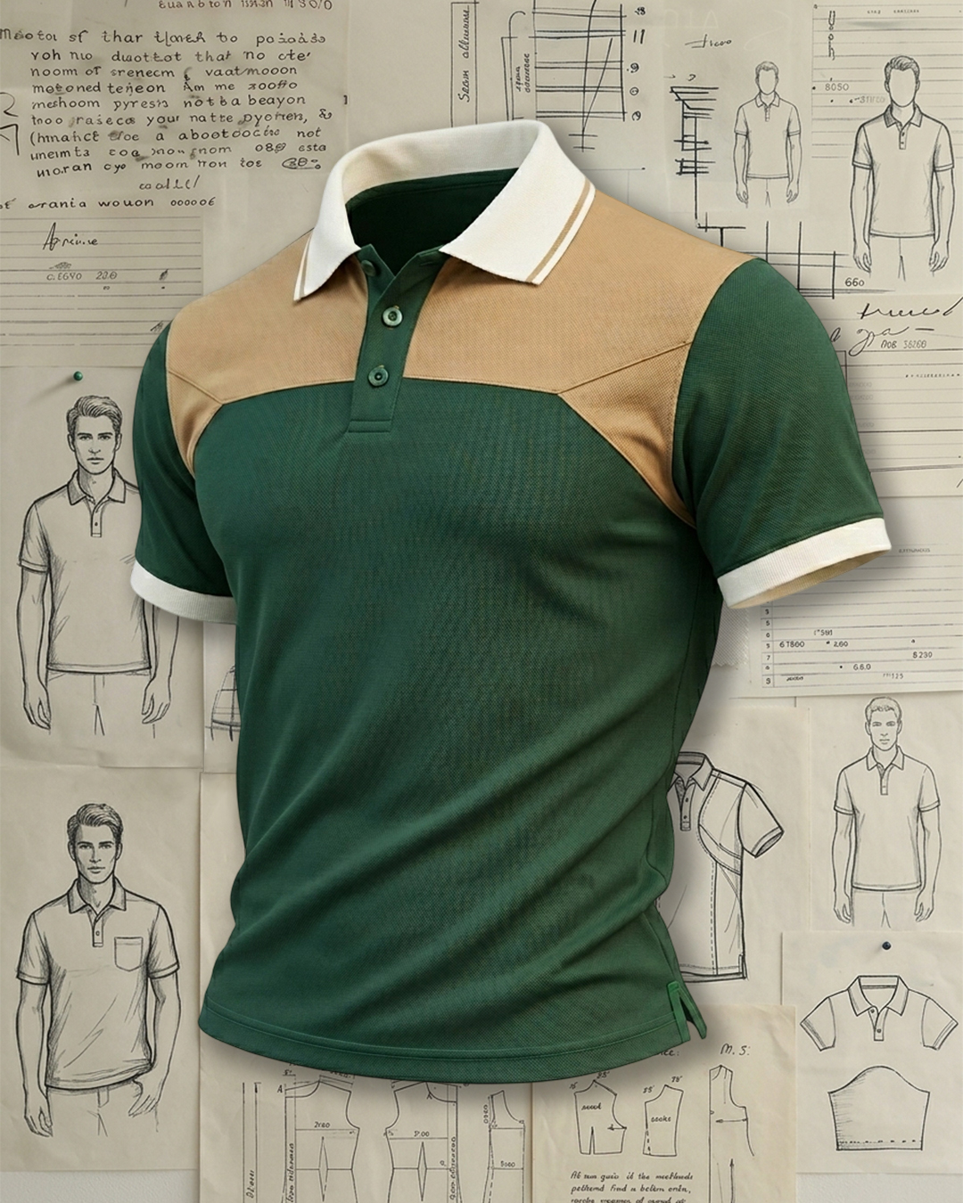 Green Khaki Color Block White Trim Collared Polo Shirt