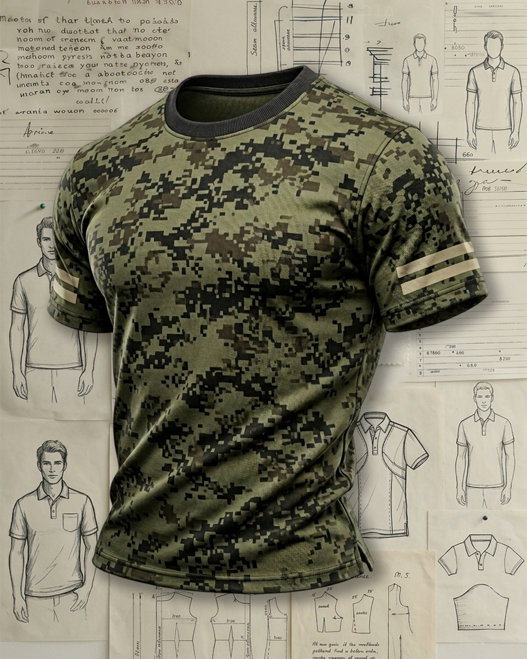 Digital Camo Double Stripe Cuff Crew Neck T-shirt