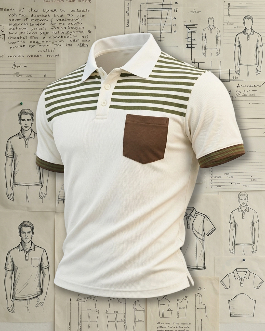 Off-White Green Stripe Chest Brown Pocket Collared Polo Shirt
