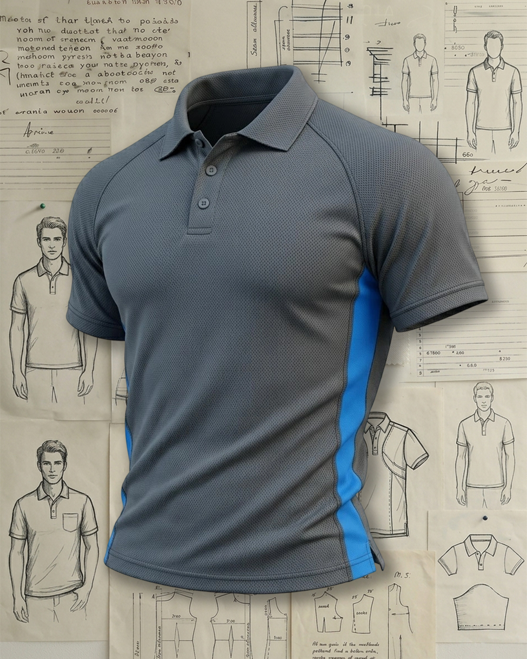 Grey Mesh Blue Side Panel Collared Polo Shirt