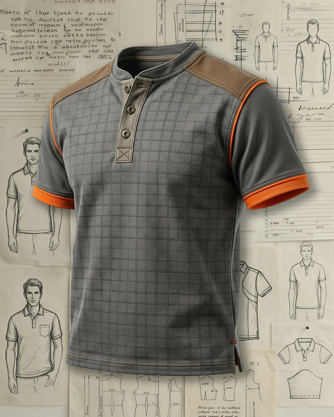 Grey Grid Print Brown Shoulder Patch Orange Cuff Low-cut Polo Shirt