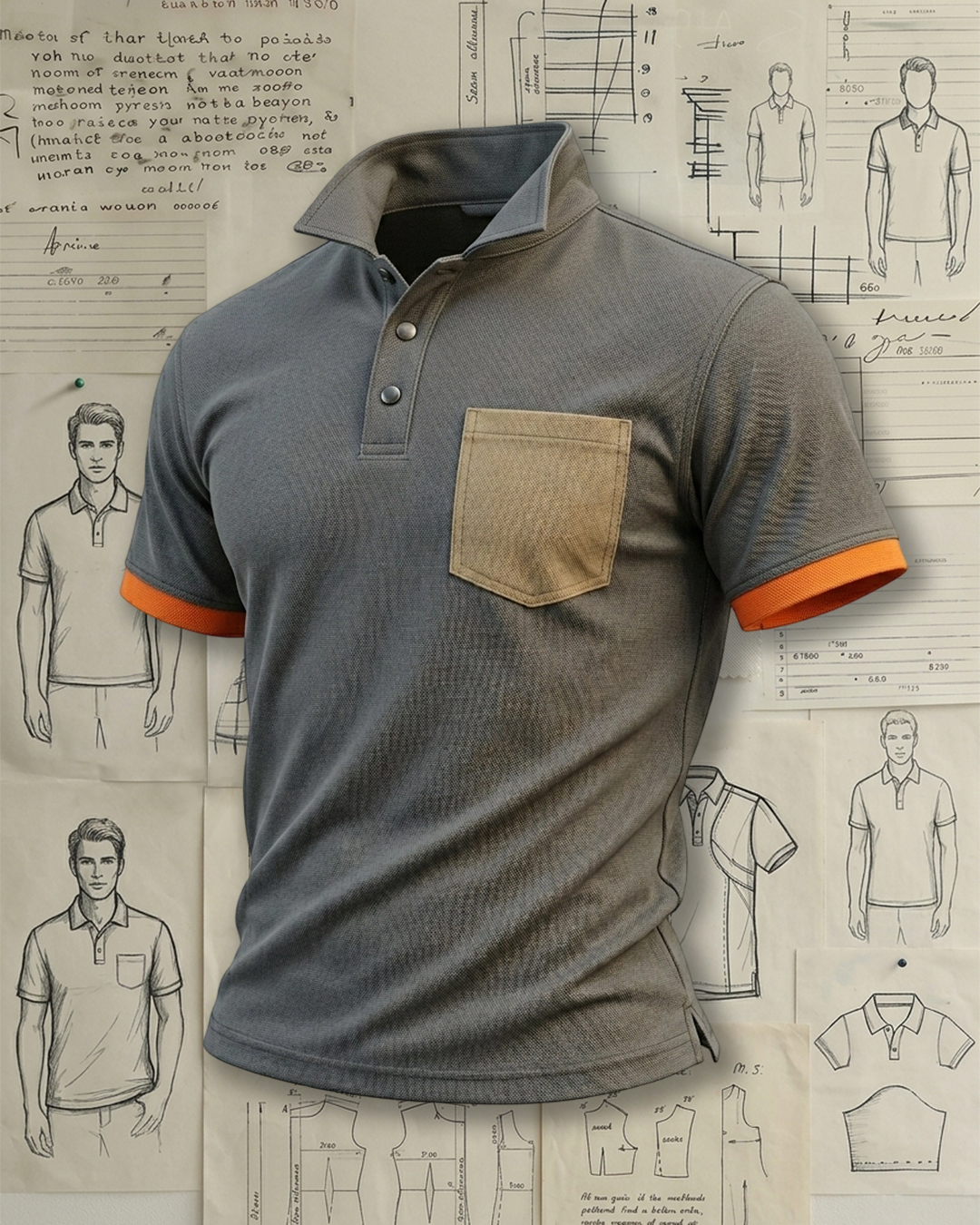 Grey Contrast Pocket & Orange Cuff Collared Polo Shirt