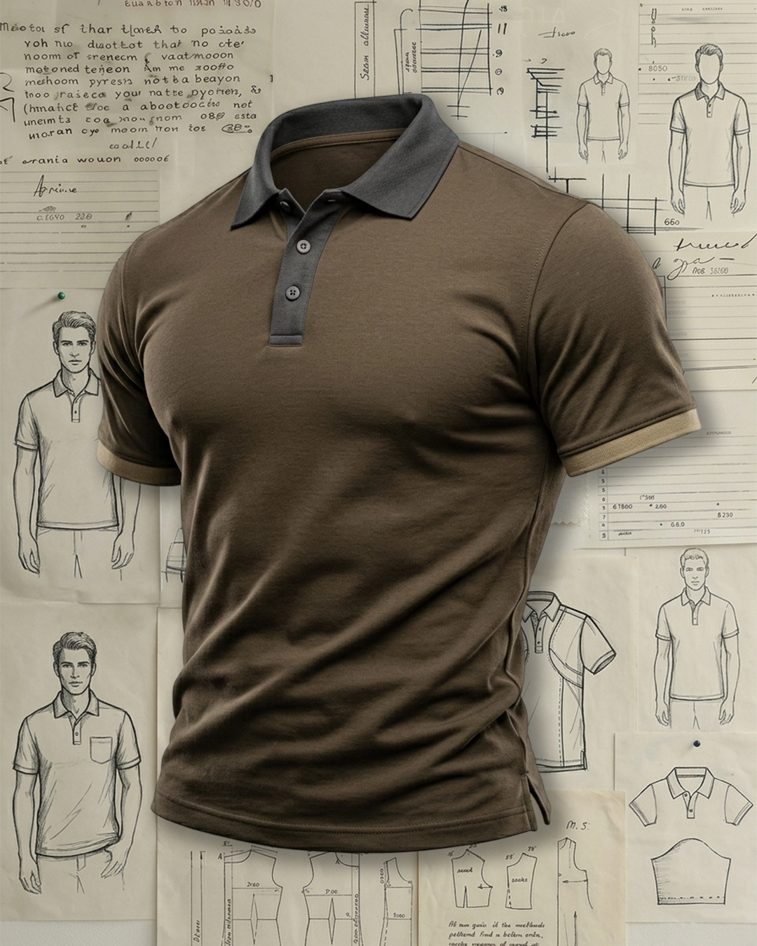Brown Dark Grey Collar Two-Tone Cuff Collared Polo Shirt