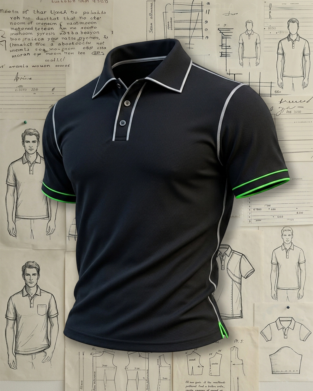 Black White Piping Green Trim Collared Polo Shirt