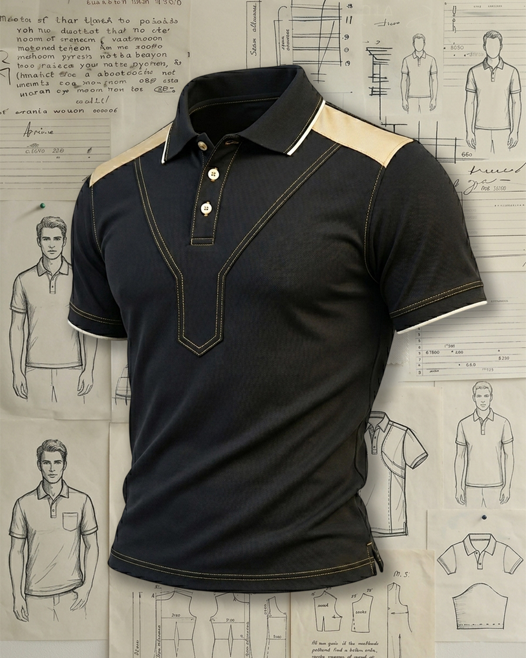 Black Beige Shoulder Patch Stitched Detail Collared Polo Shirt