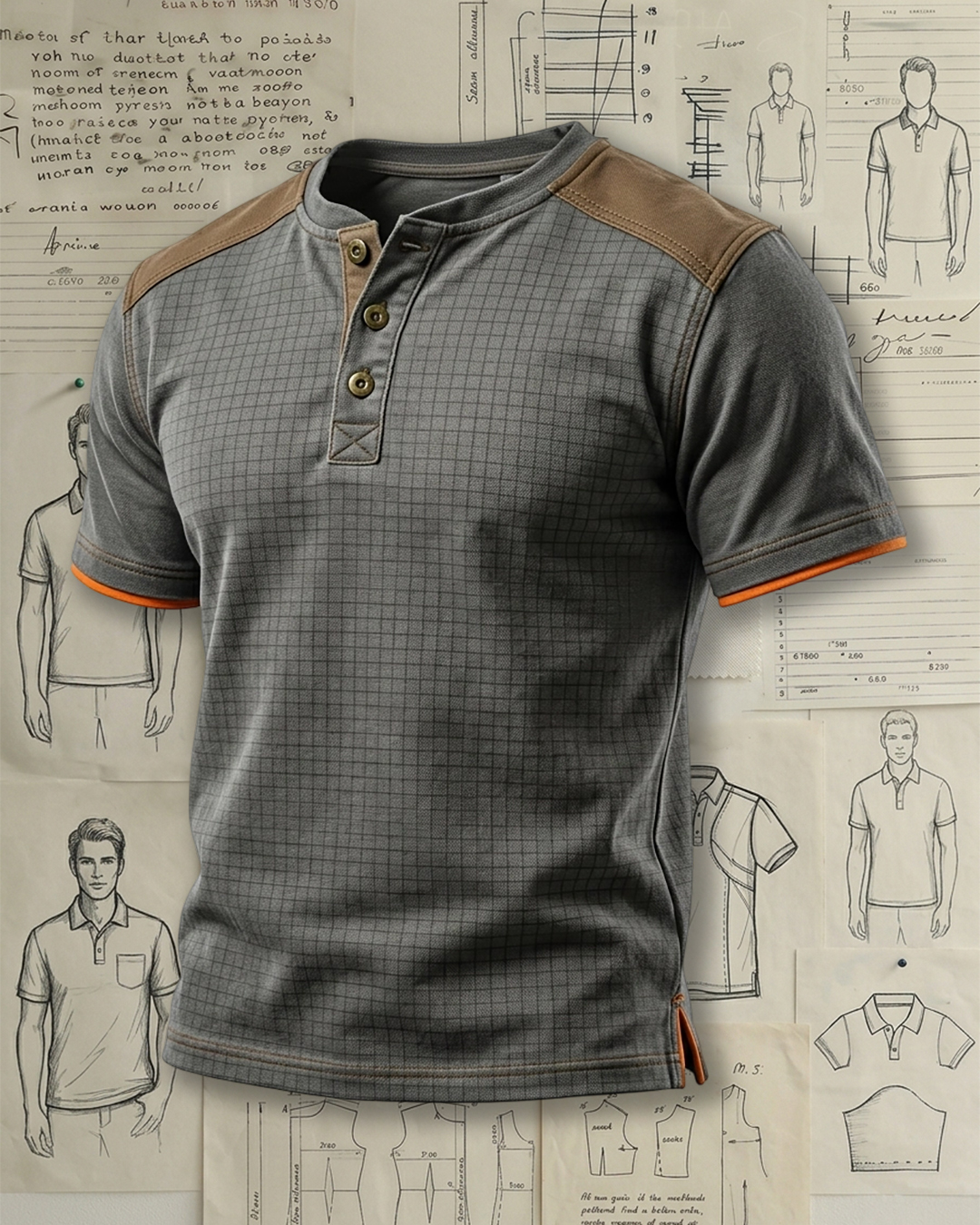 Dark Grey Grid Contrast Shoulder Orange Trim Low-cut Polo Shirt