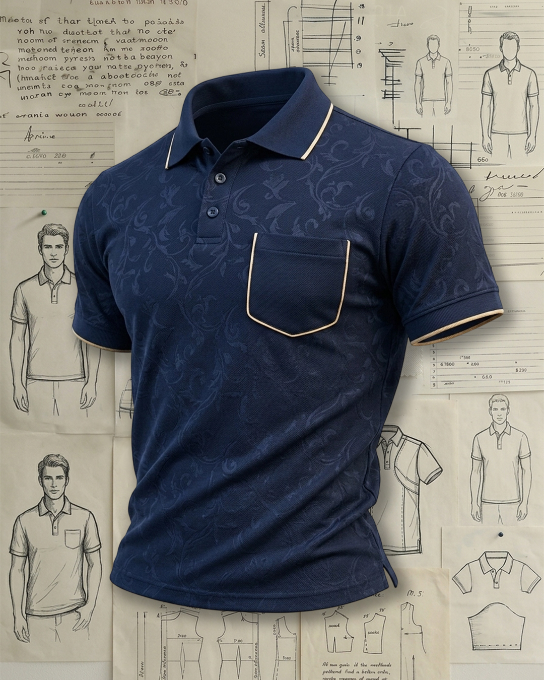 Navy Subtle Floral Print Gold Trim Pocket Collared Polo Shirt