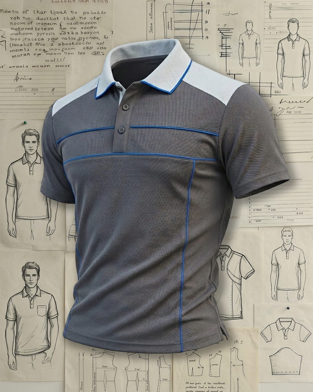Grey White Shoulder Panel Blue Piping Collared Polo Shirt