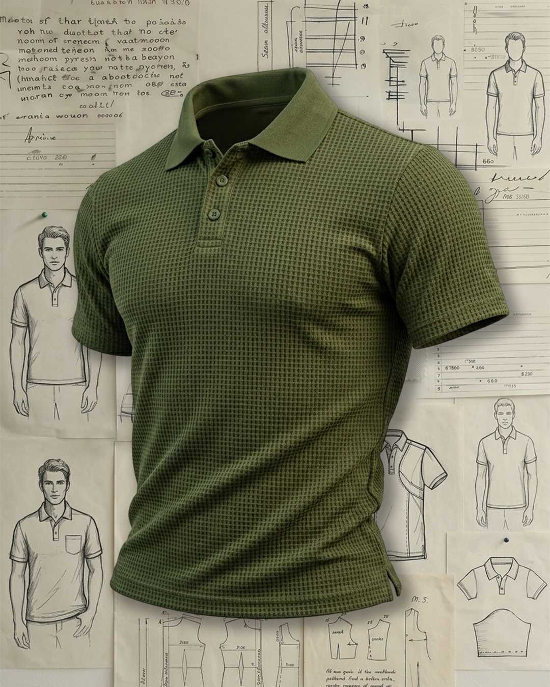 Olive Green Waffle Solid Collared Polo Shirt