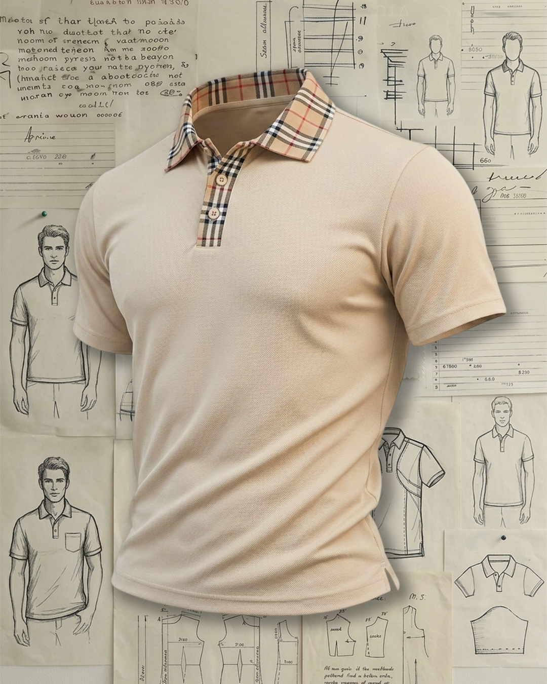 Beige Classic Plaid Collar Placket Collared Polo Shirt