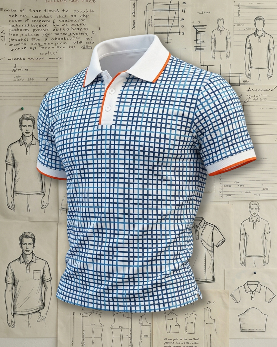 White Blue Grid Print Orange Trim Collared Polo Shirt