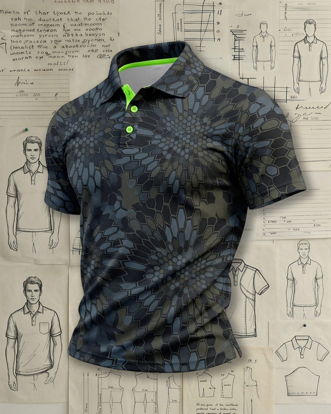 Dark Camo Geo Print Green Inner Collar Collared Polo Shirt