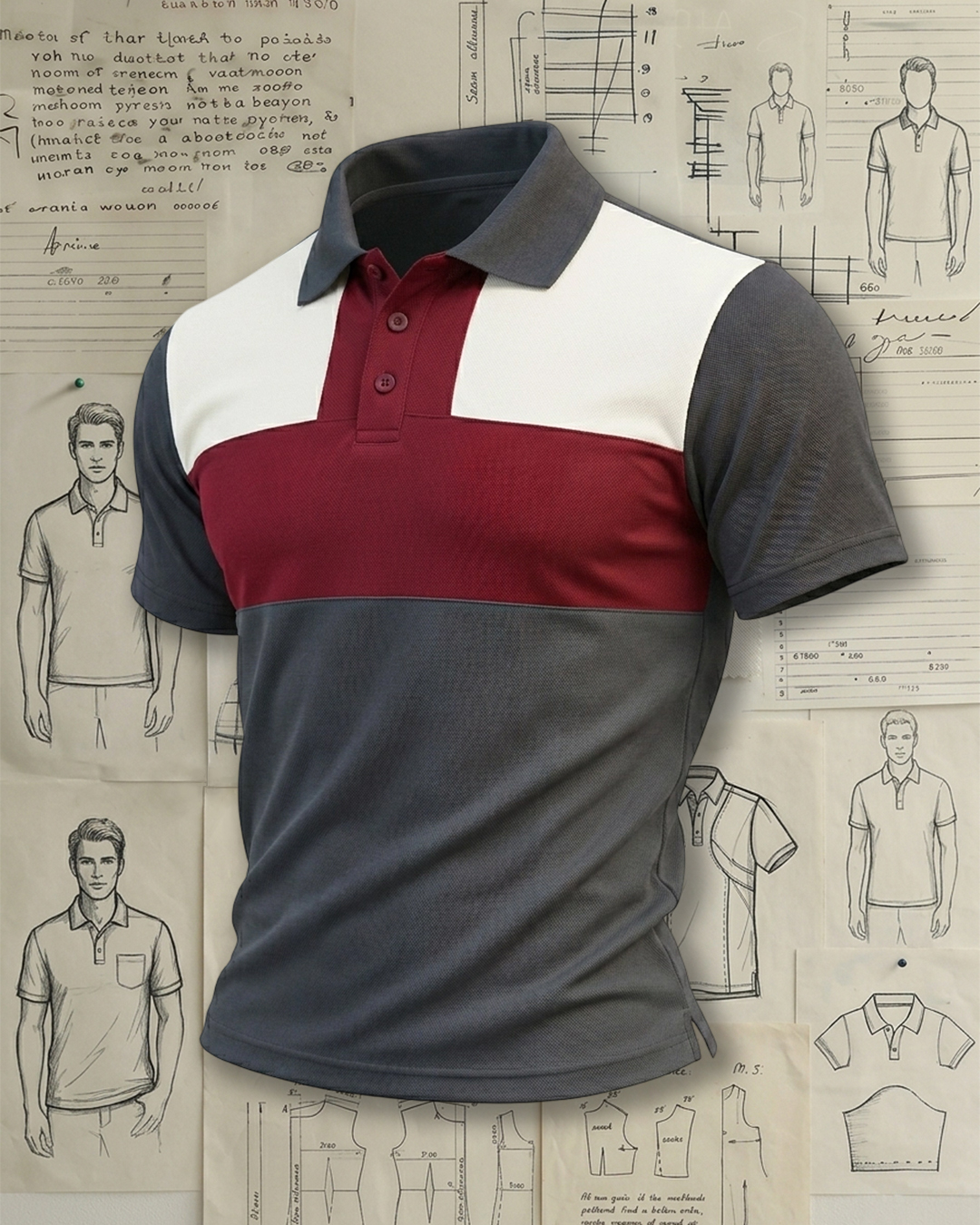 Grey White Burgundy Block Color Collared Polo Shirt