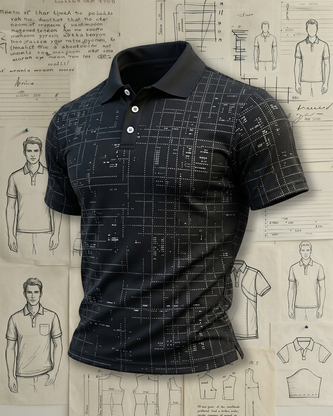 Black Dot Grid Printed Collared Polo Shirt