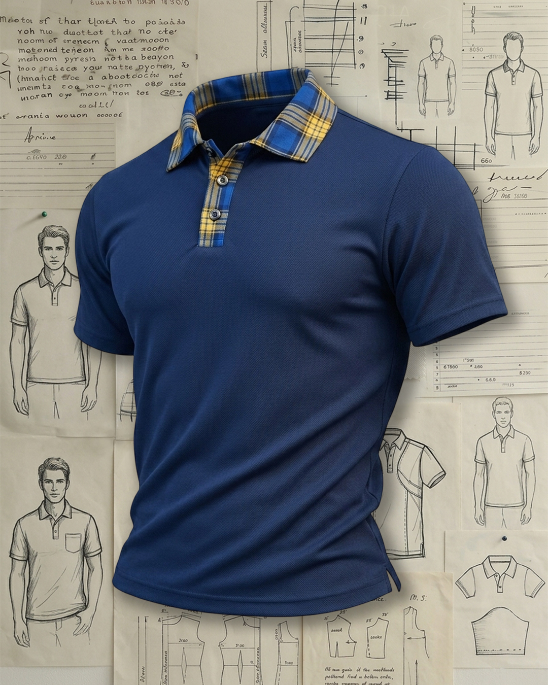 Navy Plaid Collar Placket Collared Polo Shirt