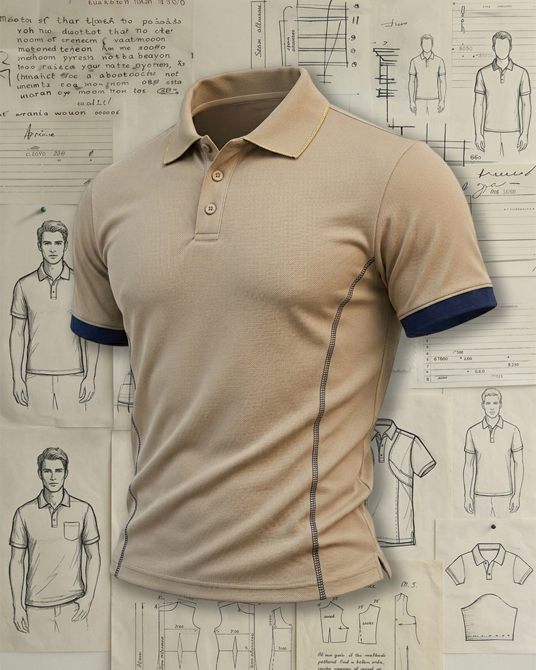 Khaki Gold Tipped Collar Navy Cuff Side Stitch Collared Polo Shirt
