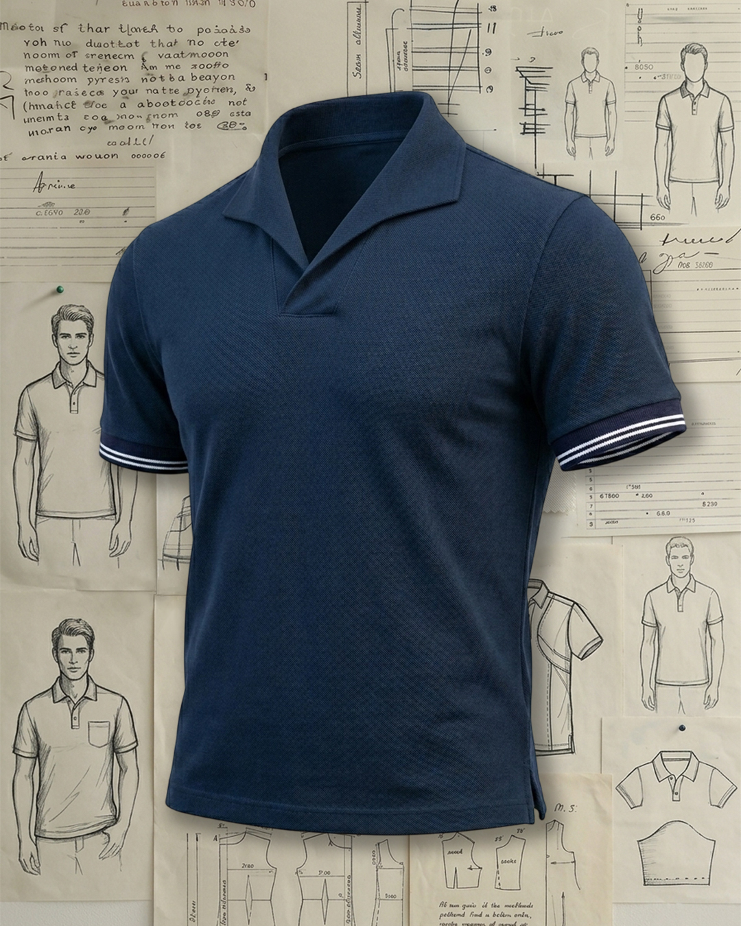 Navy Notched Collar Dual Striped Cuff Collared Polo Shirt