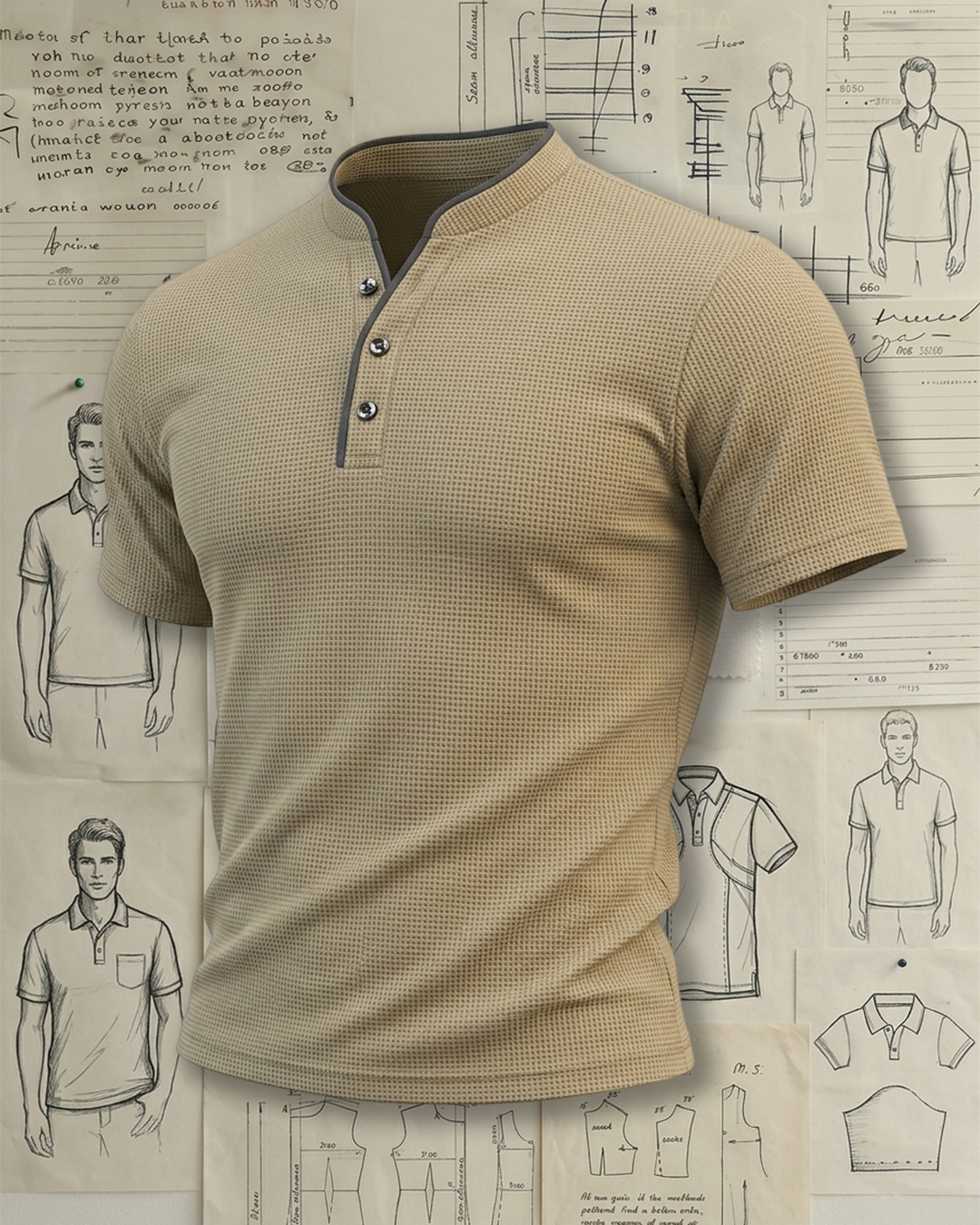 Khaki Waffle Grey Tipped Notch Placket Low-cut Polo Shirt