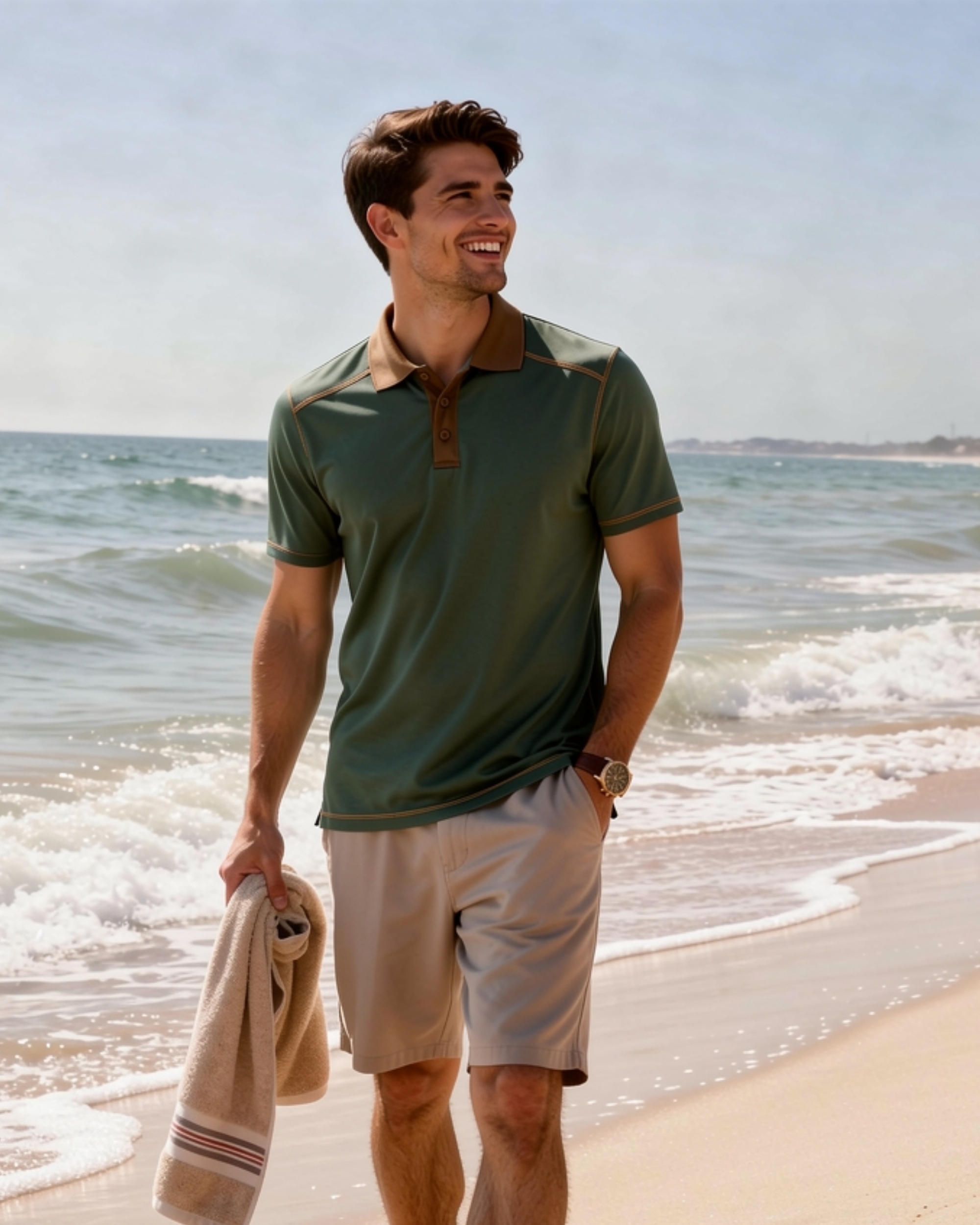 Minimalist Olive Polo with Brown Accent Stitching & Collar