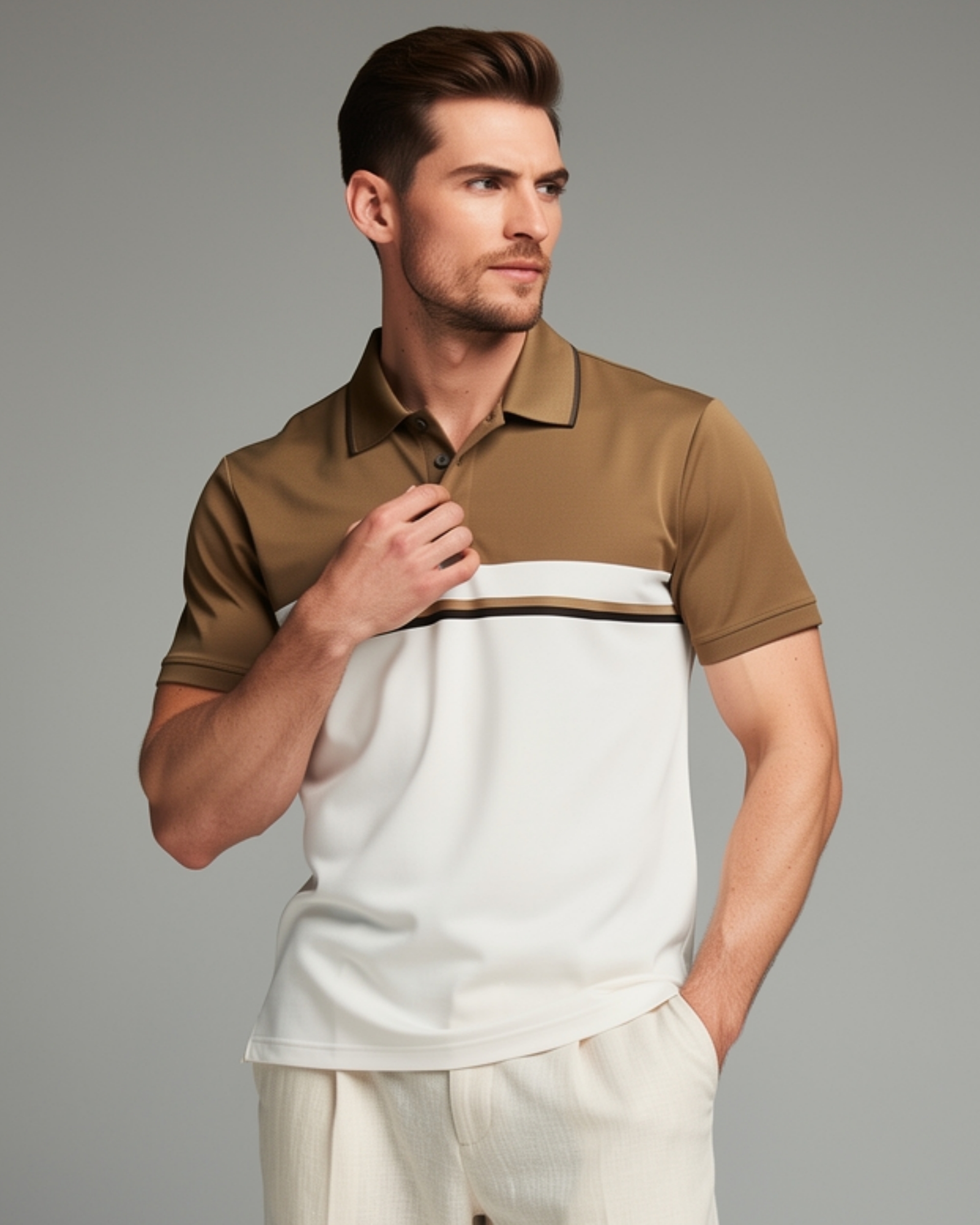 Men's Casual Two-Tone Tan & White Polo Shirt