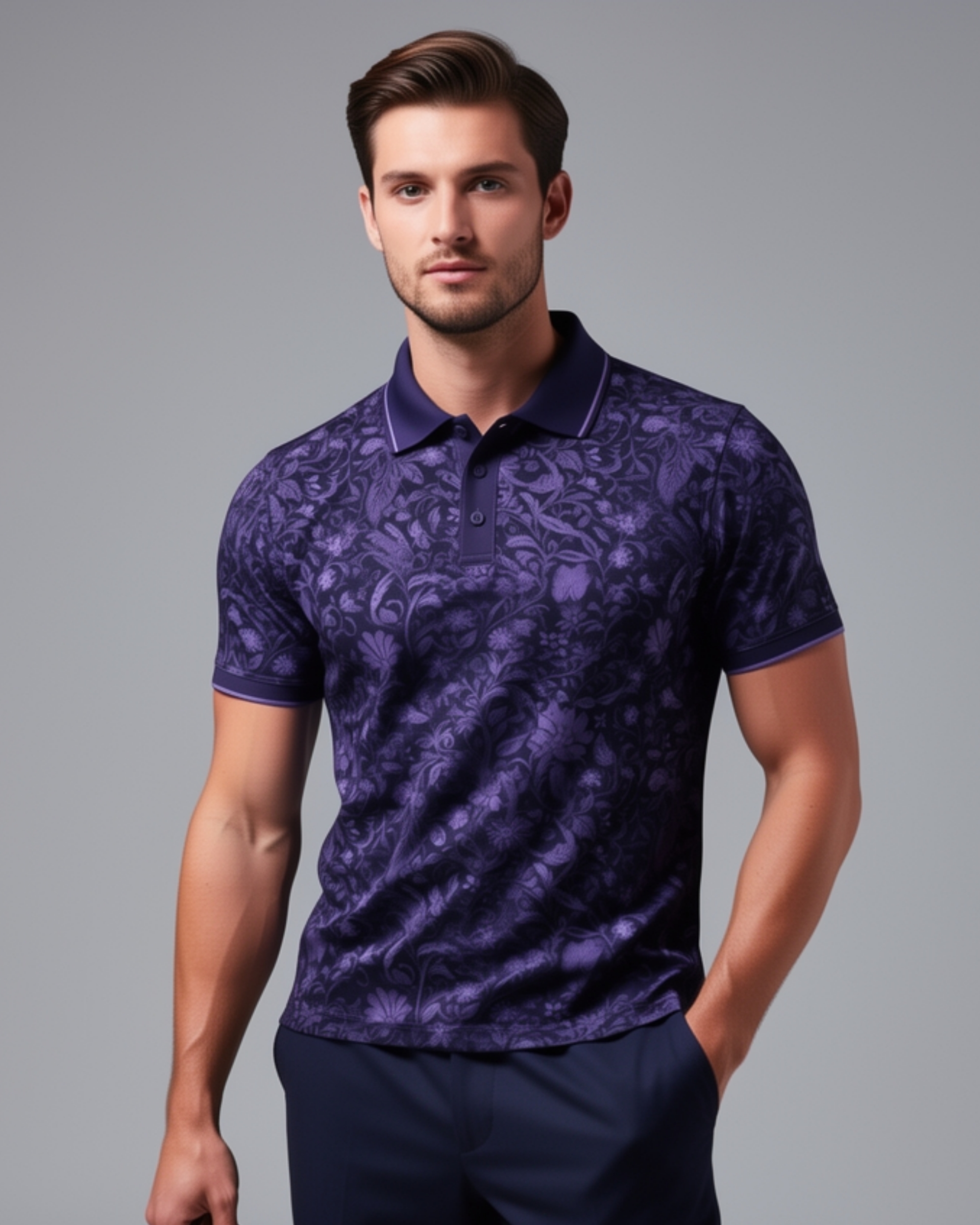 Midnight Indigo Botanical Print Polo