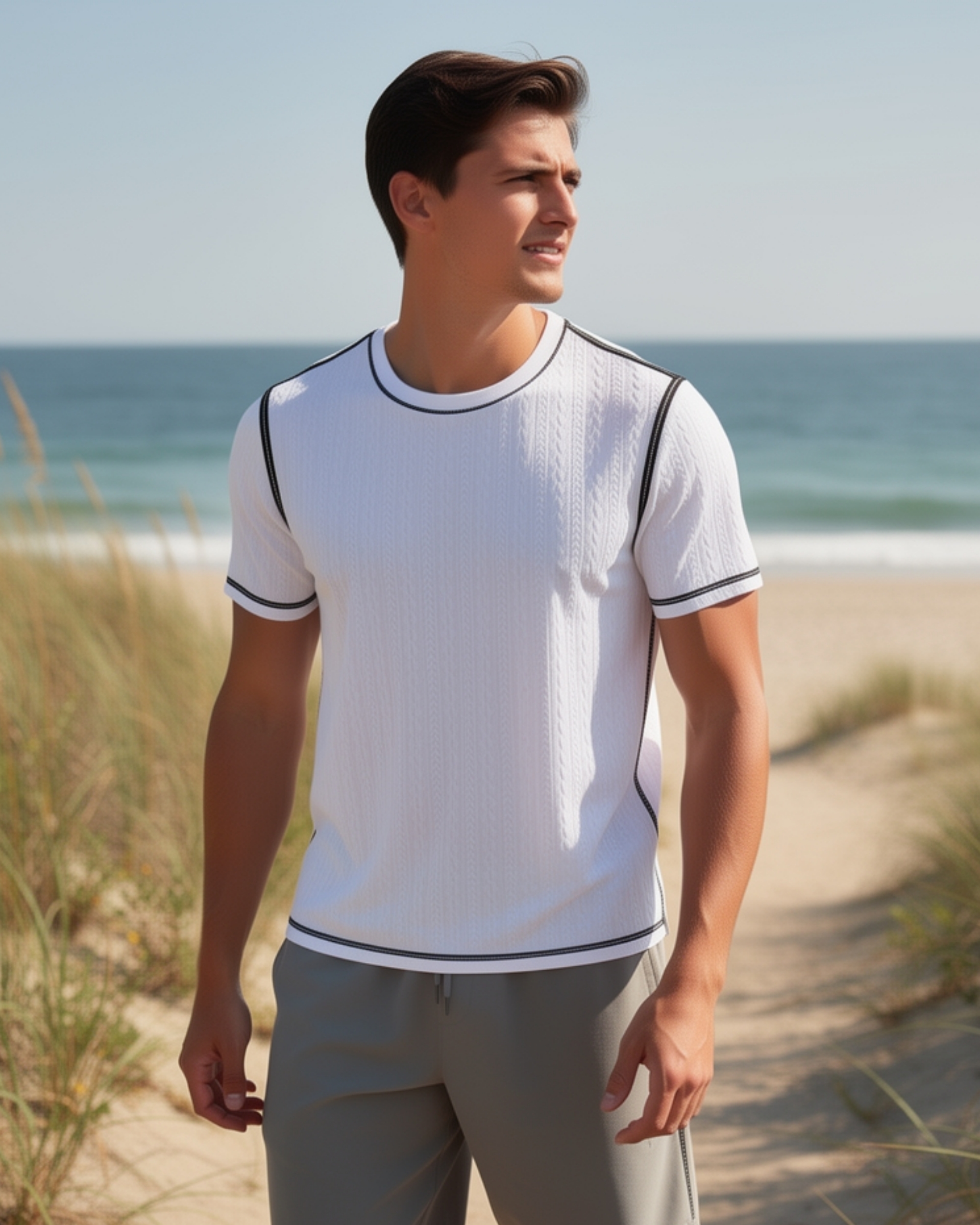 Casual Everyday Short Sleeve Crew Neck Shirt with Cable Pattern