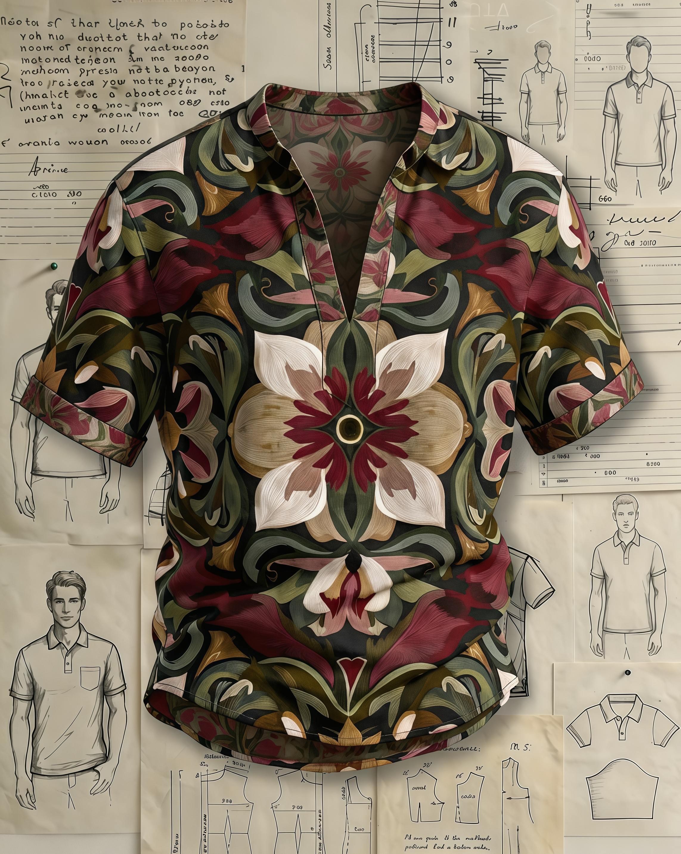 Men's Black Base Burgundy Olive Gold Symmetrical Art Deco Floral Print Loose Fit Retro Ethnic Style Linen Blend V-neck Stand Collar Rolled Cuff Short Sleeve Shirt