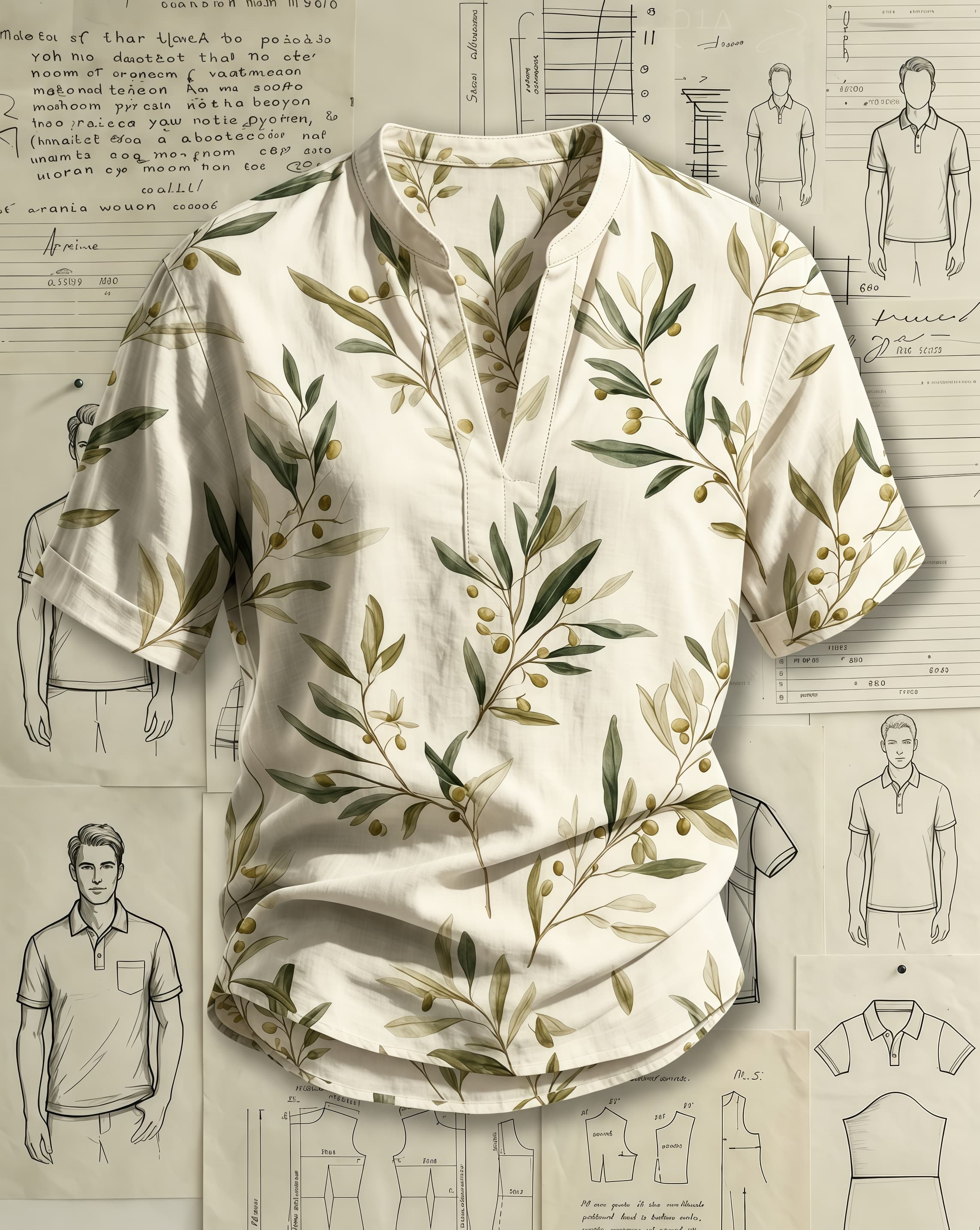 Men's Beige Olive Branch Print Loose Fit Fresh Botanical Style Linen Blend V-neck Stand Collar Rolled Cuff Short Sleeve Shirt