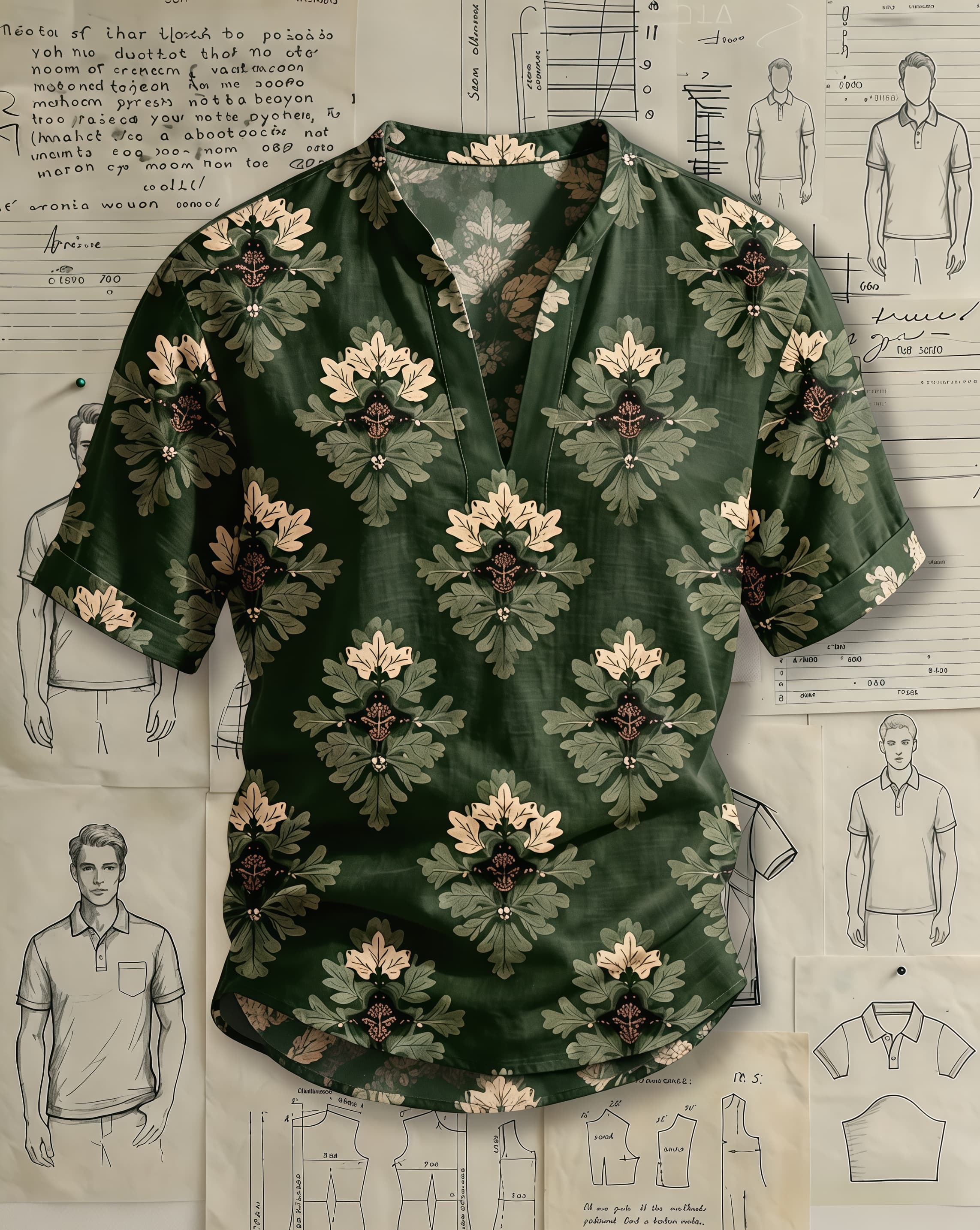 Men's Dark Green Retro Damask Floral Print Loose Fit Vintage Bohemian Style Linen Blend V-neck Stand Collar Rolled Cuff Short Sleeve Shirt