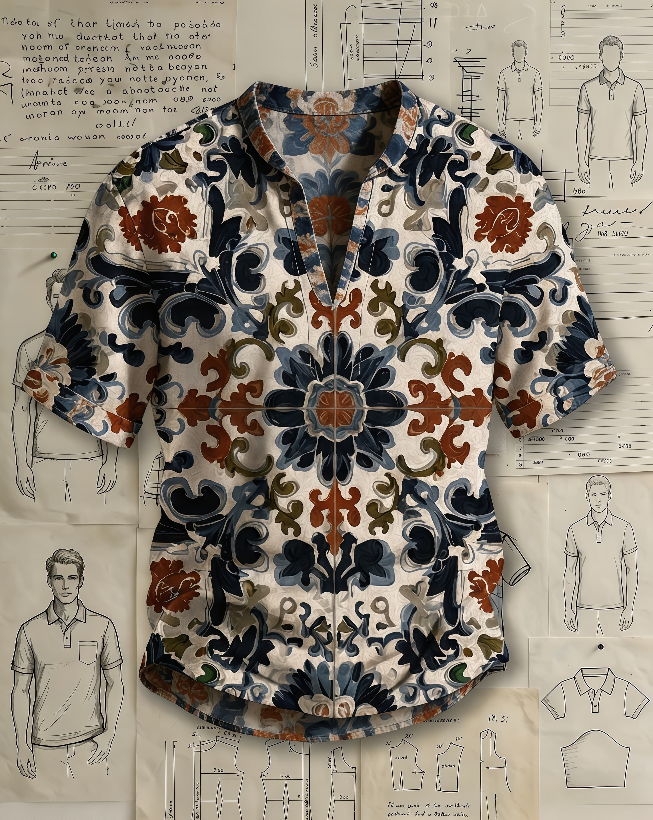 Men's Multi-color Baroque Floral Print Loose Fit Retro Ethnic Style Linen Blend V-neck Stand Collar Short Sleeve Shirt