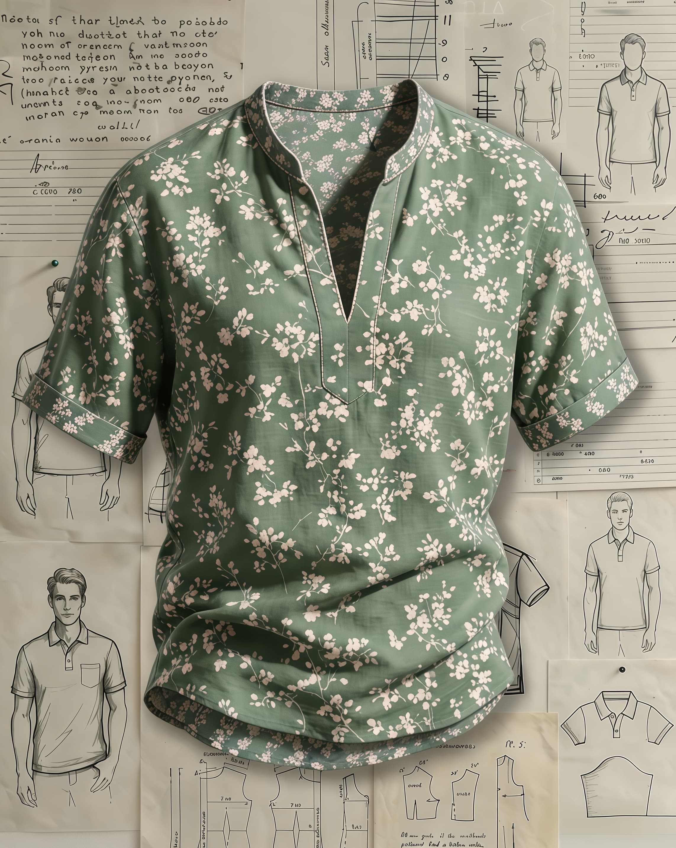 Men's Sage Green Cherry Blossom Print Loose Fit Fresh Casual Style Linen Blend V-neck Stand Collar Rolled Cuff Short Sleeve Shirt