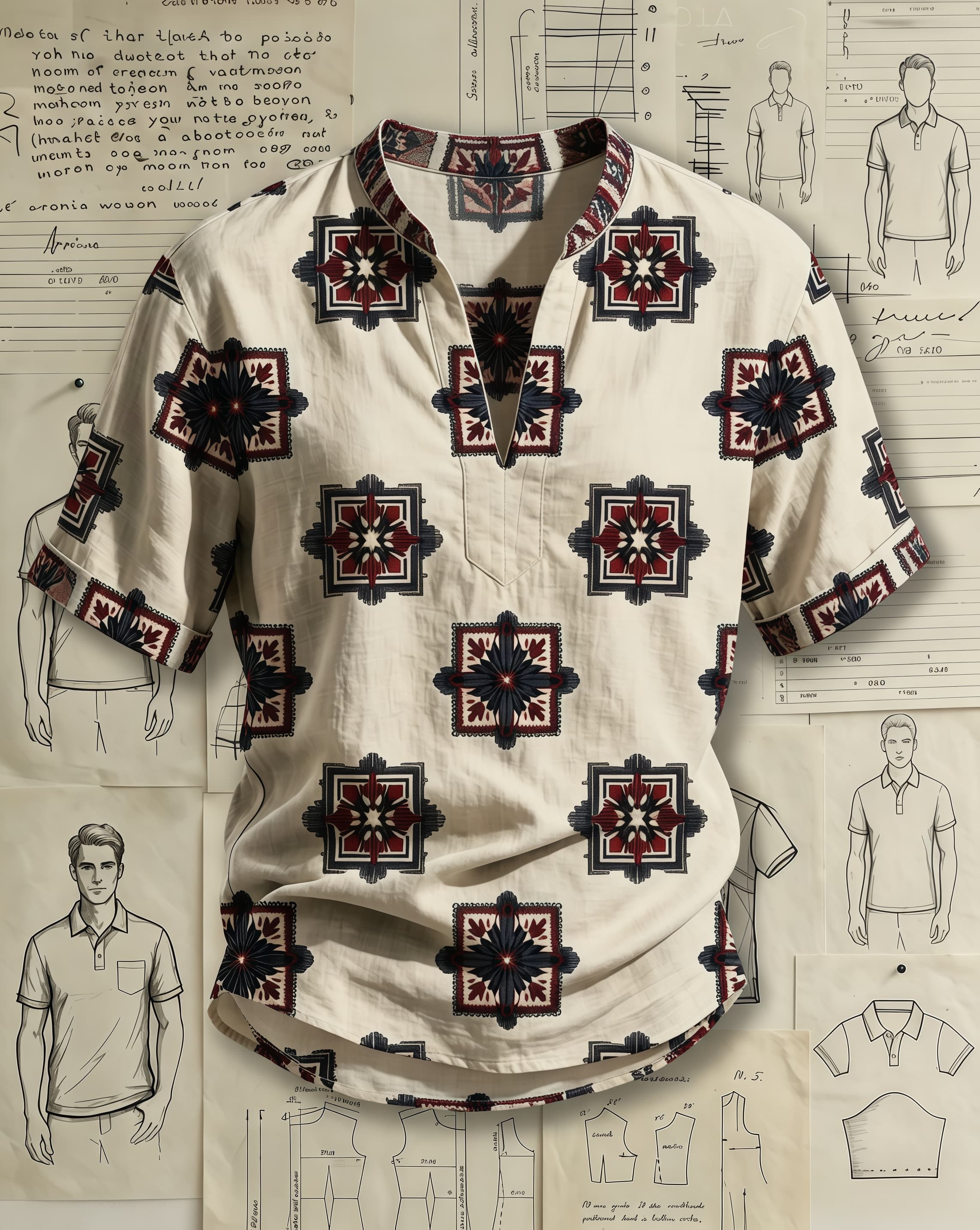 Men's Beige Base Navy & Rust Red Ethnic Geometric Mandala Print Loose Fit Retro Bohemian Style Linen Blend V-neck Stand Collar Rolled Cuff Short Sleeve Shirt