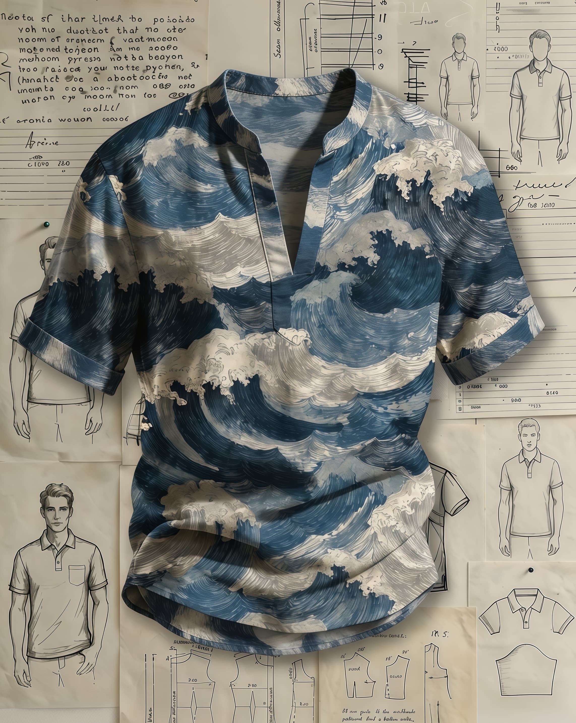 Men's Blue Beige Ukiyo-e Wave Print Loose Fit Retro Art Style Linen Blend V-neck Stand Collar Rolled Cuff Short Sleeve Shirt