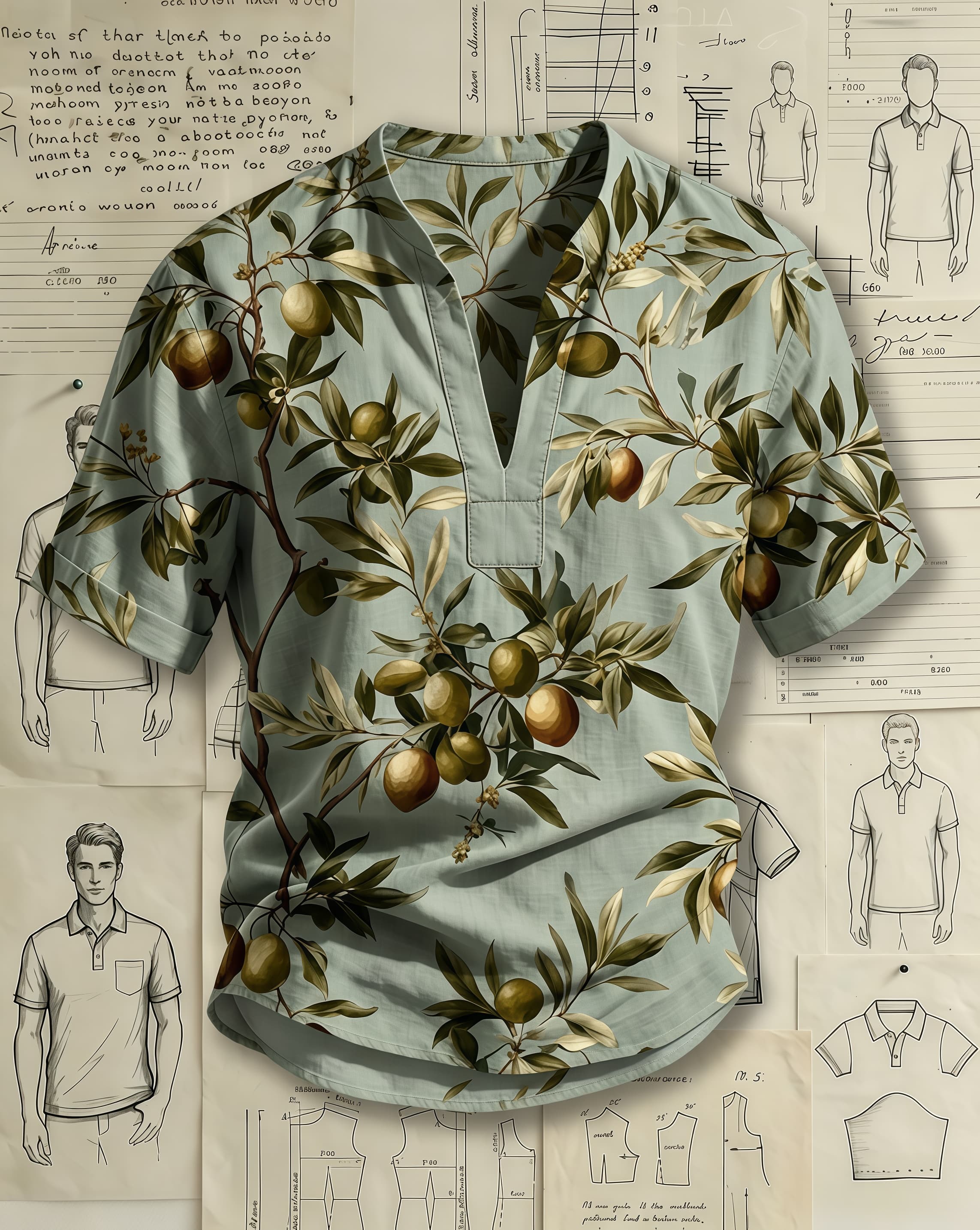 Men's Dusty Sage Base Olive Brown Citrus Branch Print Loose Fit Mediterranean Casual Style Linen Blend V-neck Stand Collar Rolled Cuff Short Sleeve Shirt
