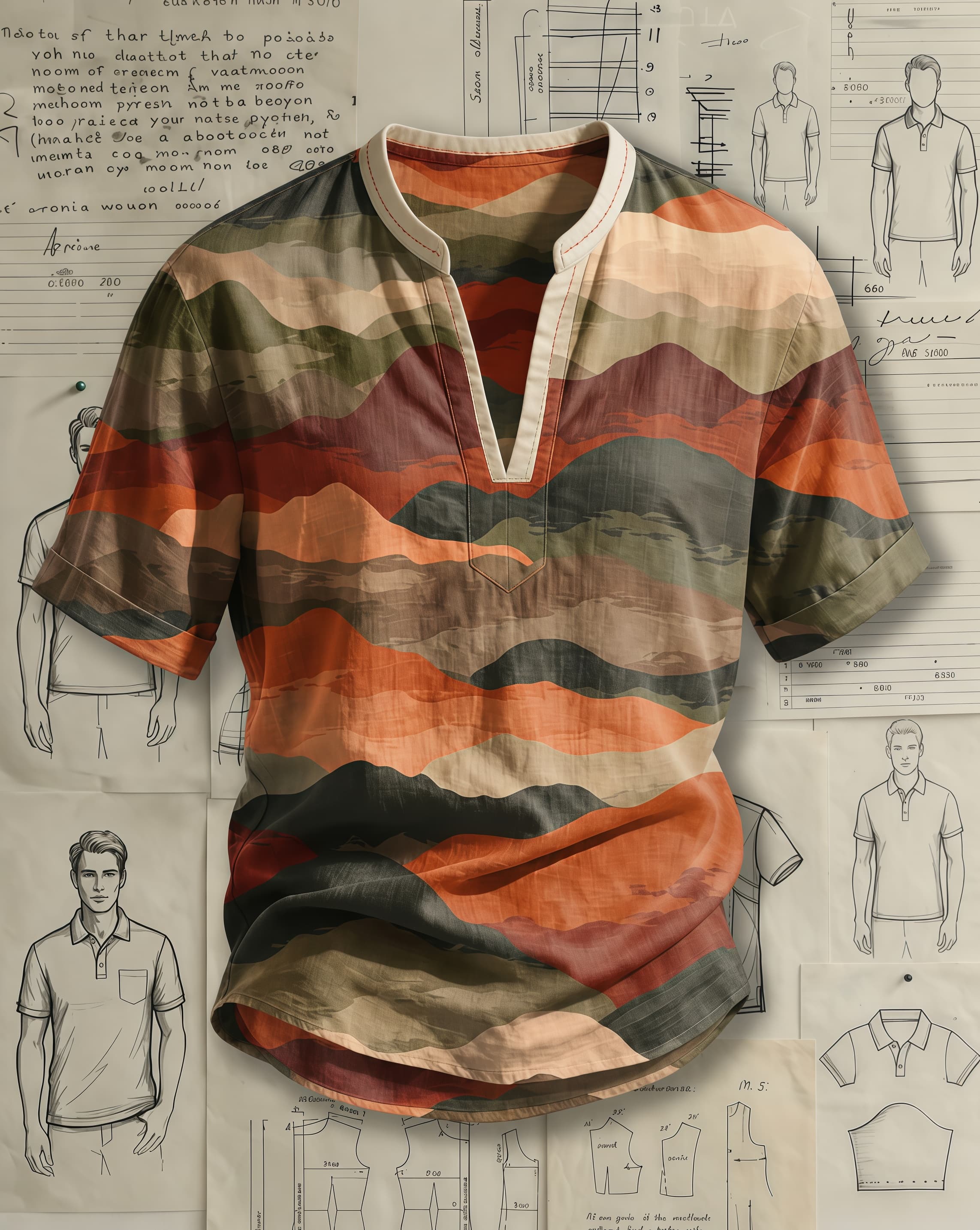 Men's Earth Tone Gradient Mountain Wave Print Loose Fit Retro Outdoor Style Linen Blend V-neck Stand Collar Rolled Cuff Short Sleeve Shirt