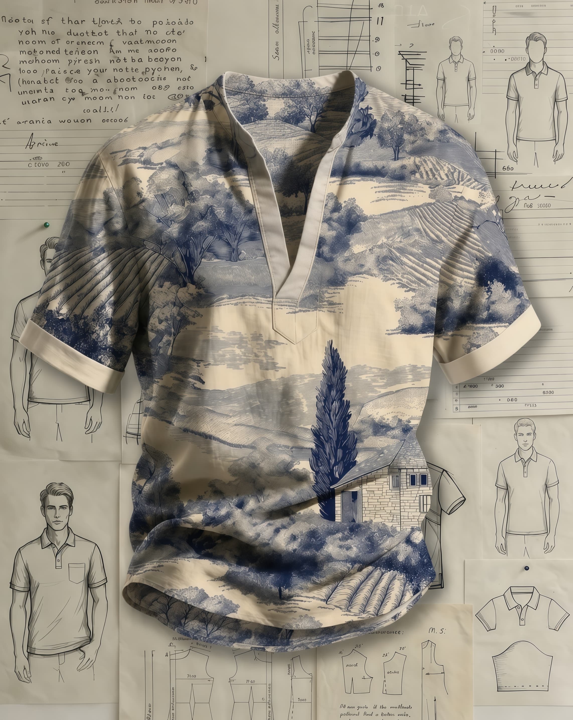 Men's Cream Base Indigo Blue Toile De Jouy Rural Landscape Print Loose Fit French Vintage Style Linen Blend V-neck Stand Collar Rolled Cuff Short Sleeve Shirt