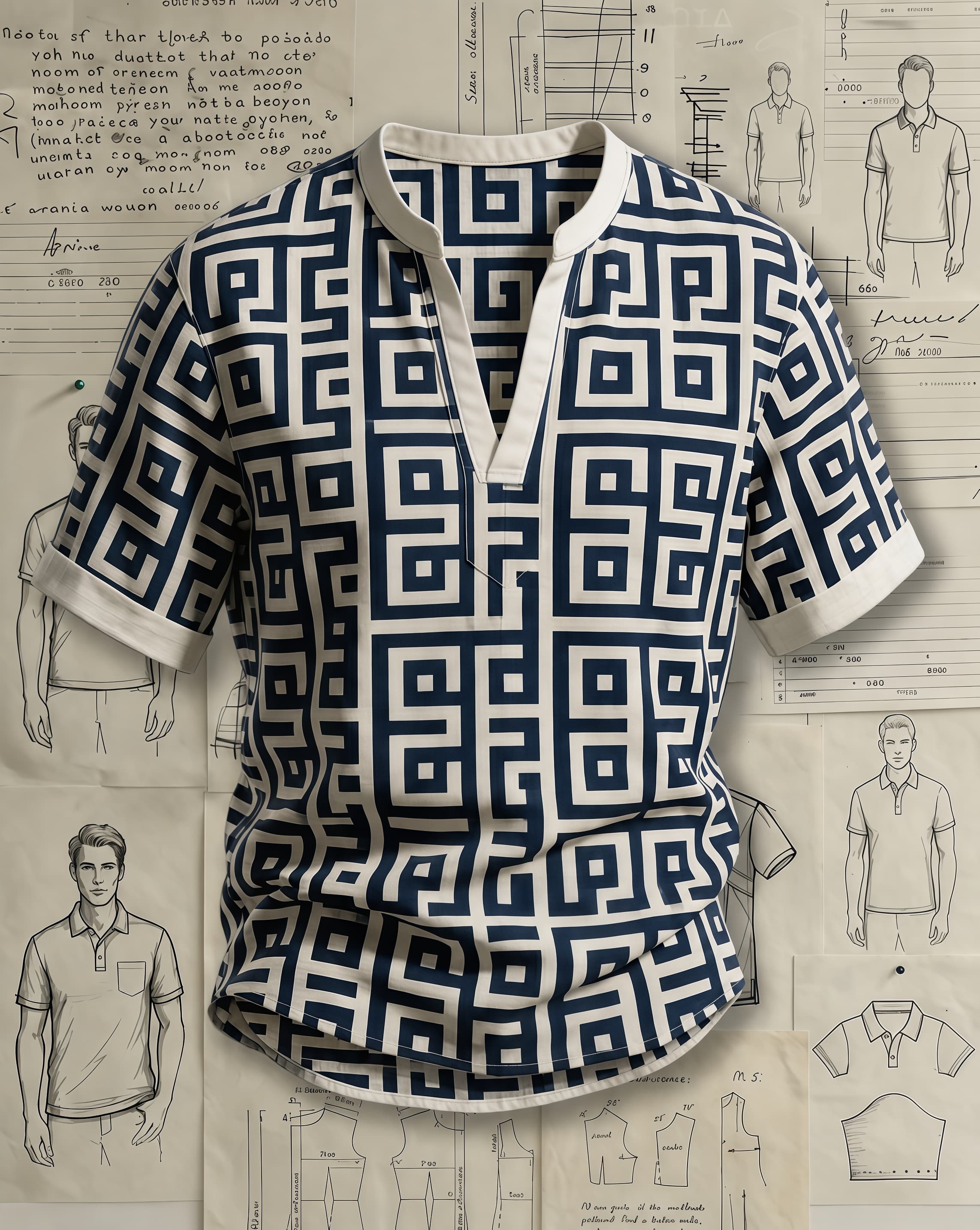 Men's Navy Beige Geometric Maze Print Loose Fit Retro Chinese Style Linen Blend V-neck Stand Collar Rolled Cuff Short Sleeve Shirt