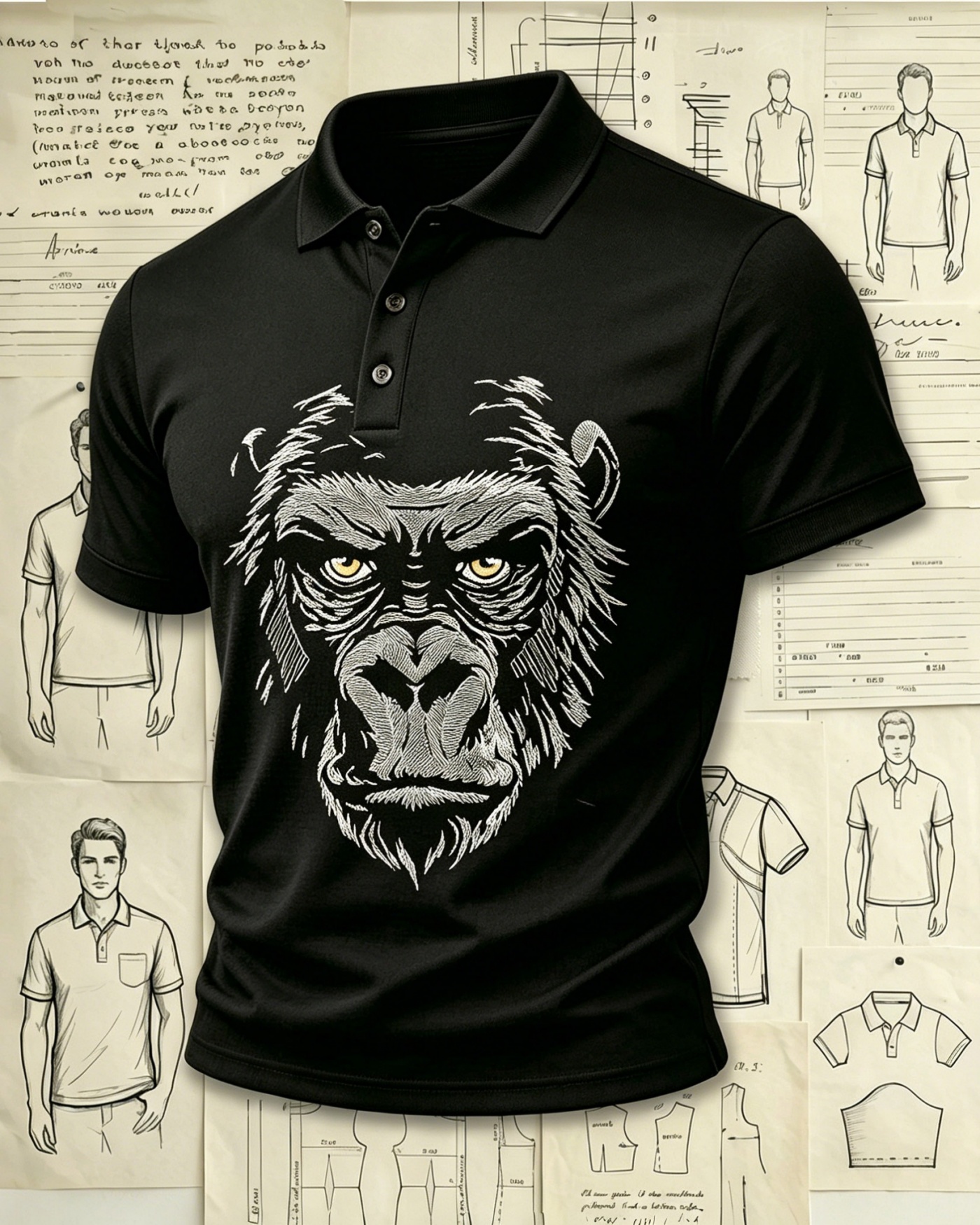 Jungle Vintage Gorilla Embroidered Pattern Polo Shirts