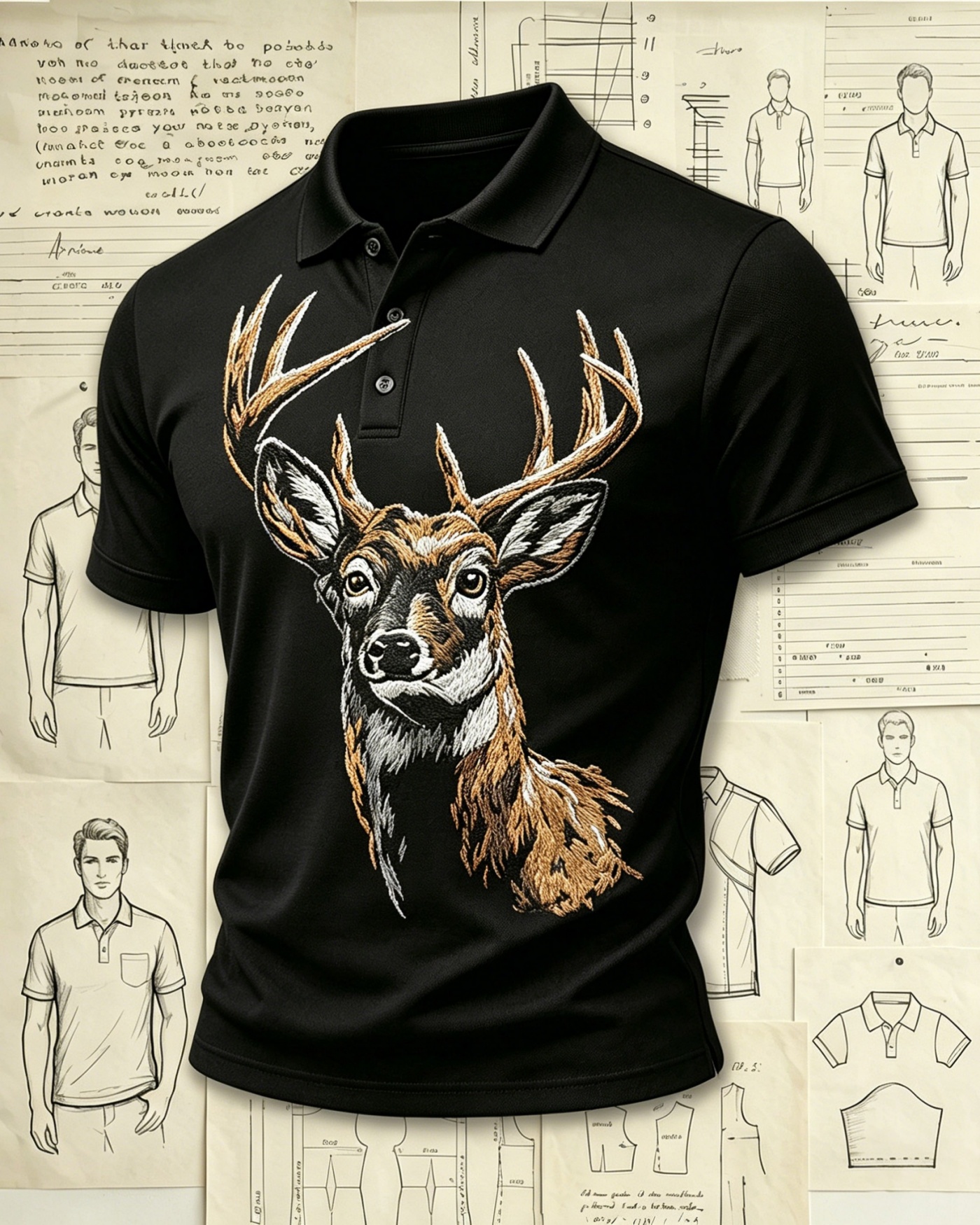 Forest Wilderness Deer Embroidered Pattern Polo Shirts