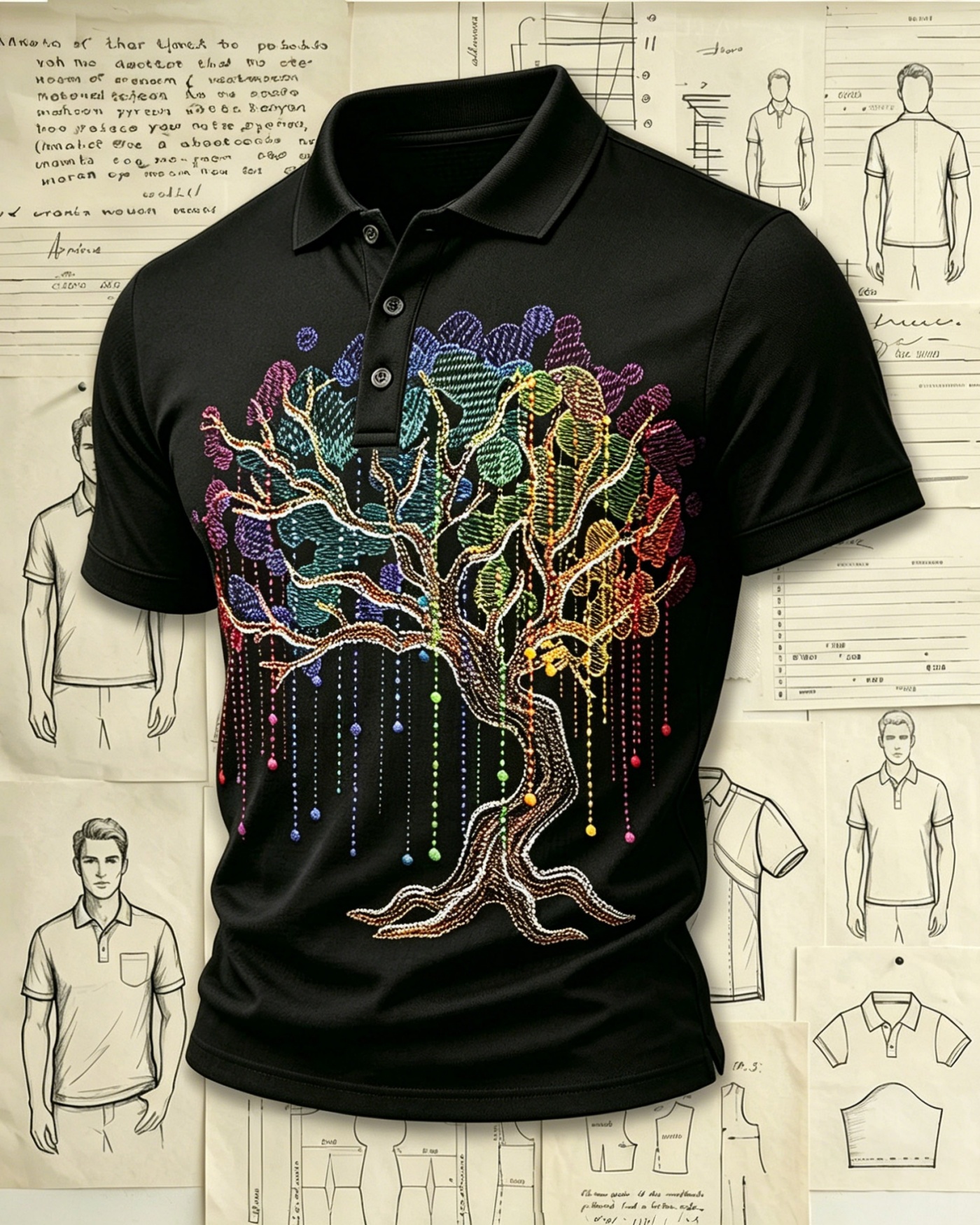 Boho Lucky Tree Embroidered Pattern Polo Shirts
