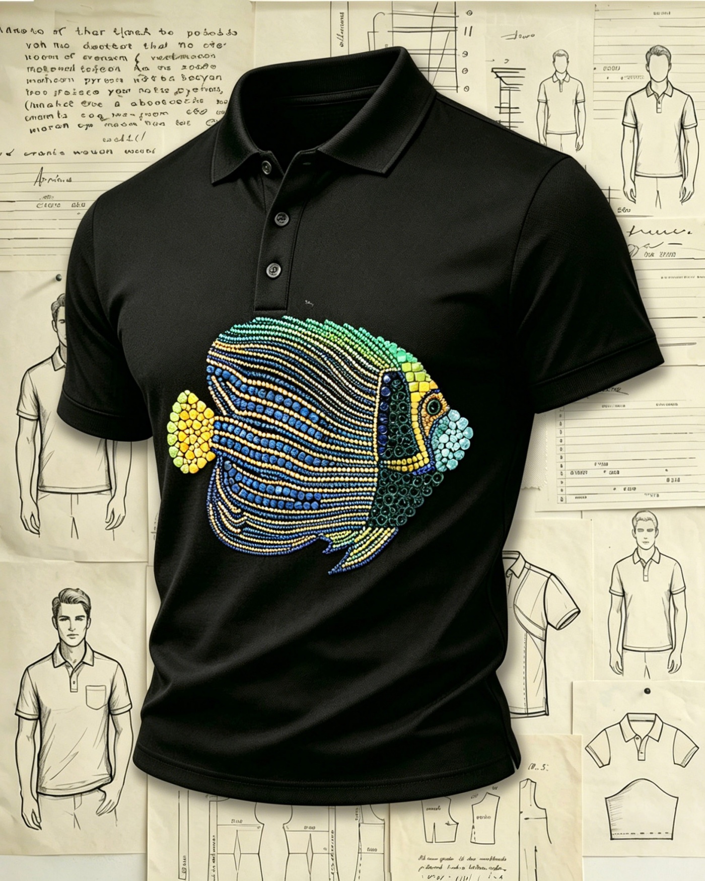 Tropical Reef Angelfish Embroidered Pattern Polo Shirts