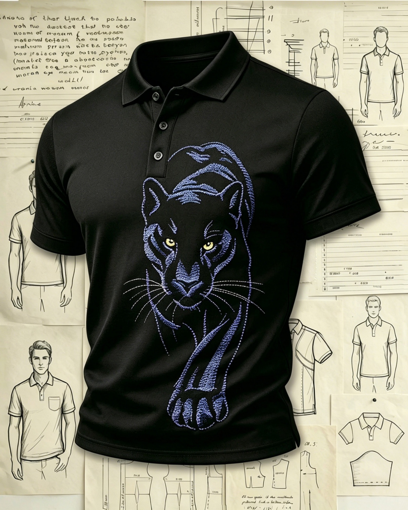 Wild Jungle Panther Embroidered Pattern Polo Shirts