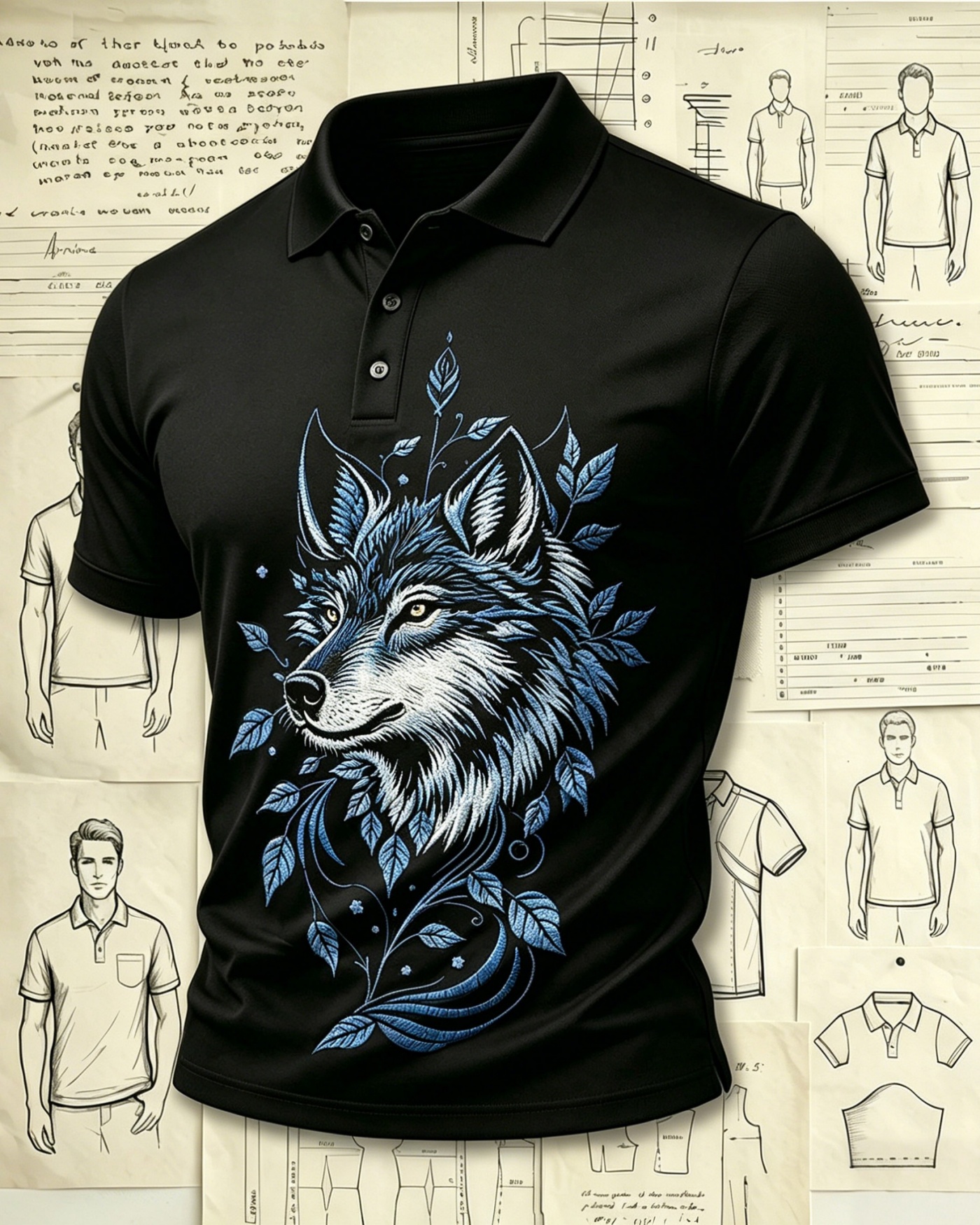 Vintage Floral Timber Wolf Embroidered Pattern Polo Shirts